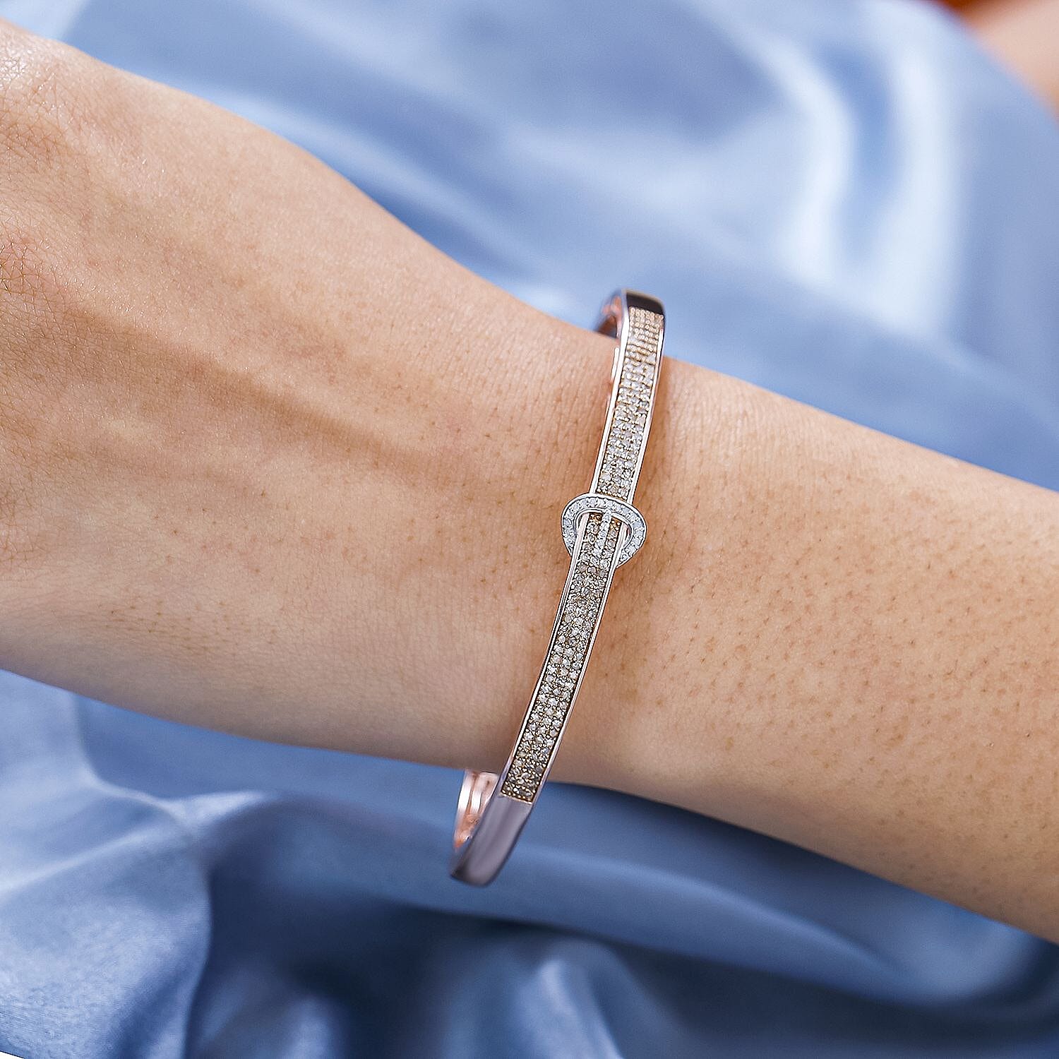 Champagne Diamond & White Diamond Bangle (Size - 7.5) in 18K Vermeil Rose Gold Plated Sterling Silver 1.00 Ct, Silver Wt. 16.00 Gms