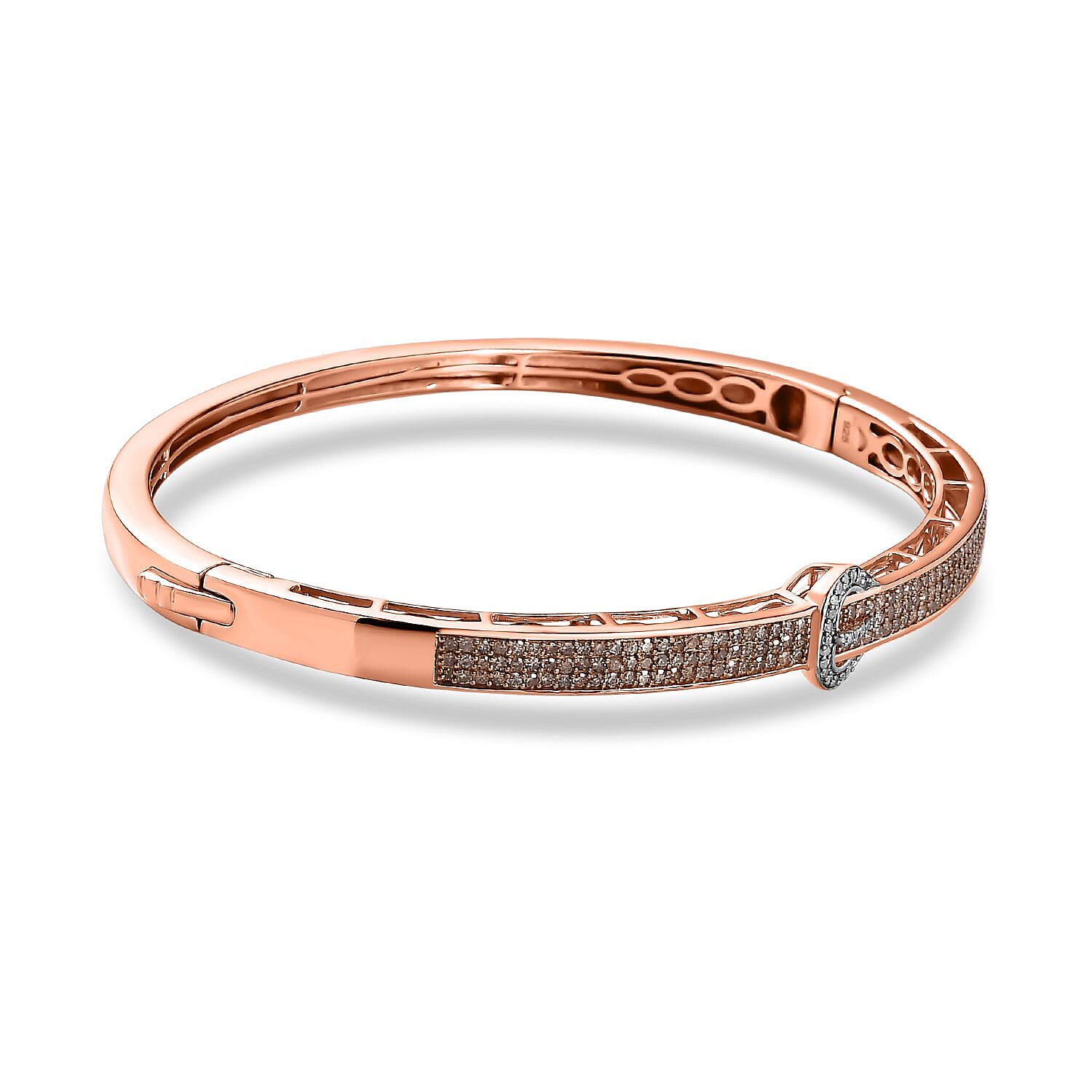 Champagne Diamond & White Diamond Bangle (Size - 7.5) in 18K Vermeil Rose Gold Plated Sterling Silver 1.00 Ct, Silver Wt. 16.00 Gms