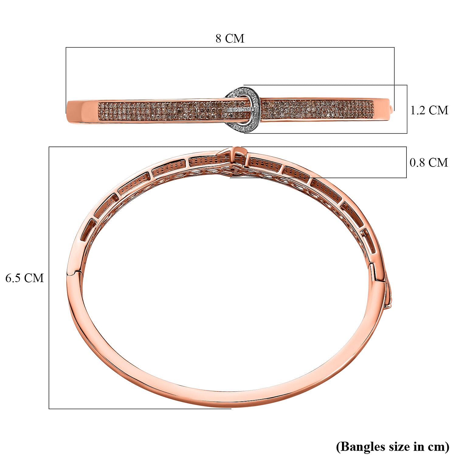 Champagne Diamond & White Diamond Bangle (Size - 7.5) in 18K Vermeil Rose Gold Plated Sterling Silver 1.00 Ct, Silver Wt. 16.00 Gms