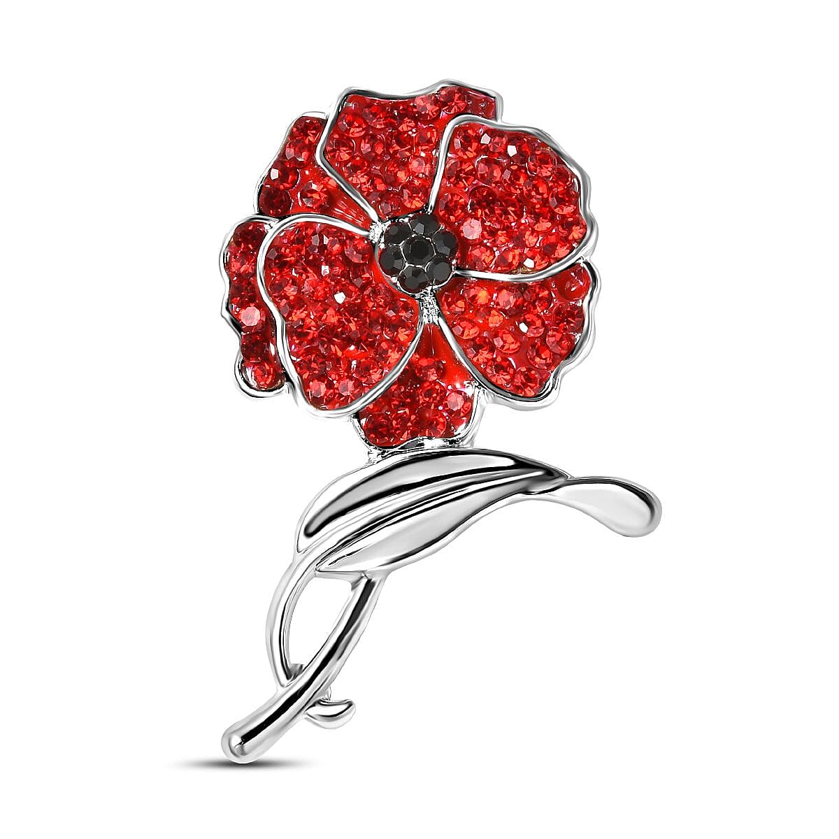 Black Austrian Crystal & Red Austrian Crystal Poppy Design Brooch in Silver Tone