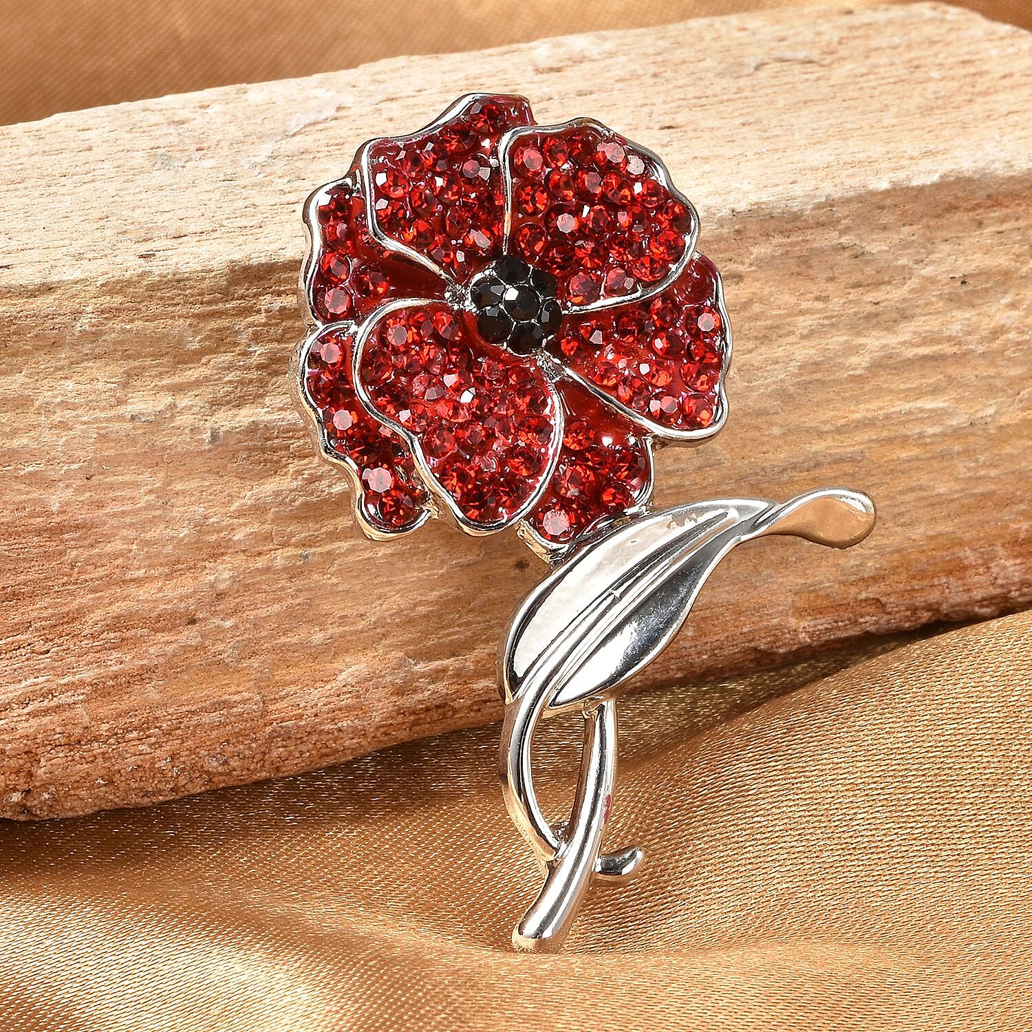 Black Austrian Crystal & Red Austrian Crystal Poppy Design Brooch in Silver Tone