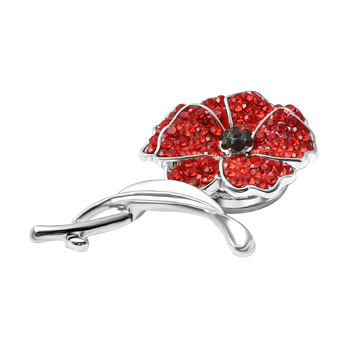 Black Austrian Crystal & Red Austrian Crystal Poppy Design Brooch in Silver Tone