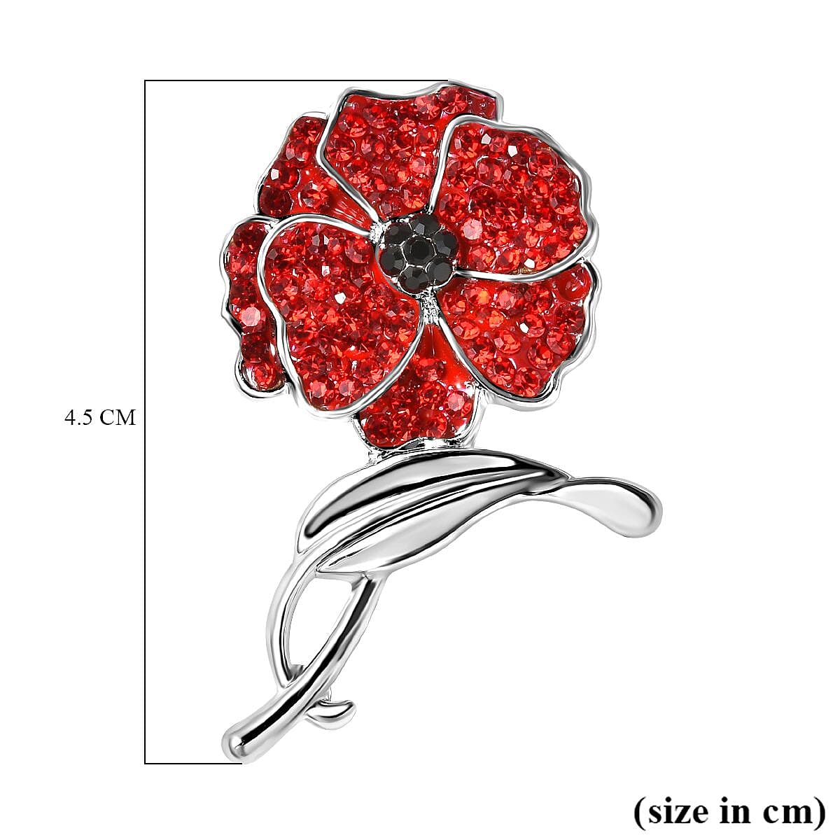 Black Austrian Crystal & Red Austrian Crystal Poppy Design Brooch in Silver Tone