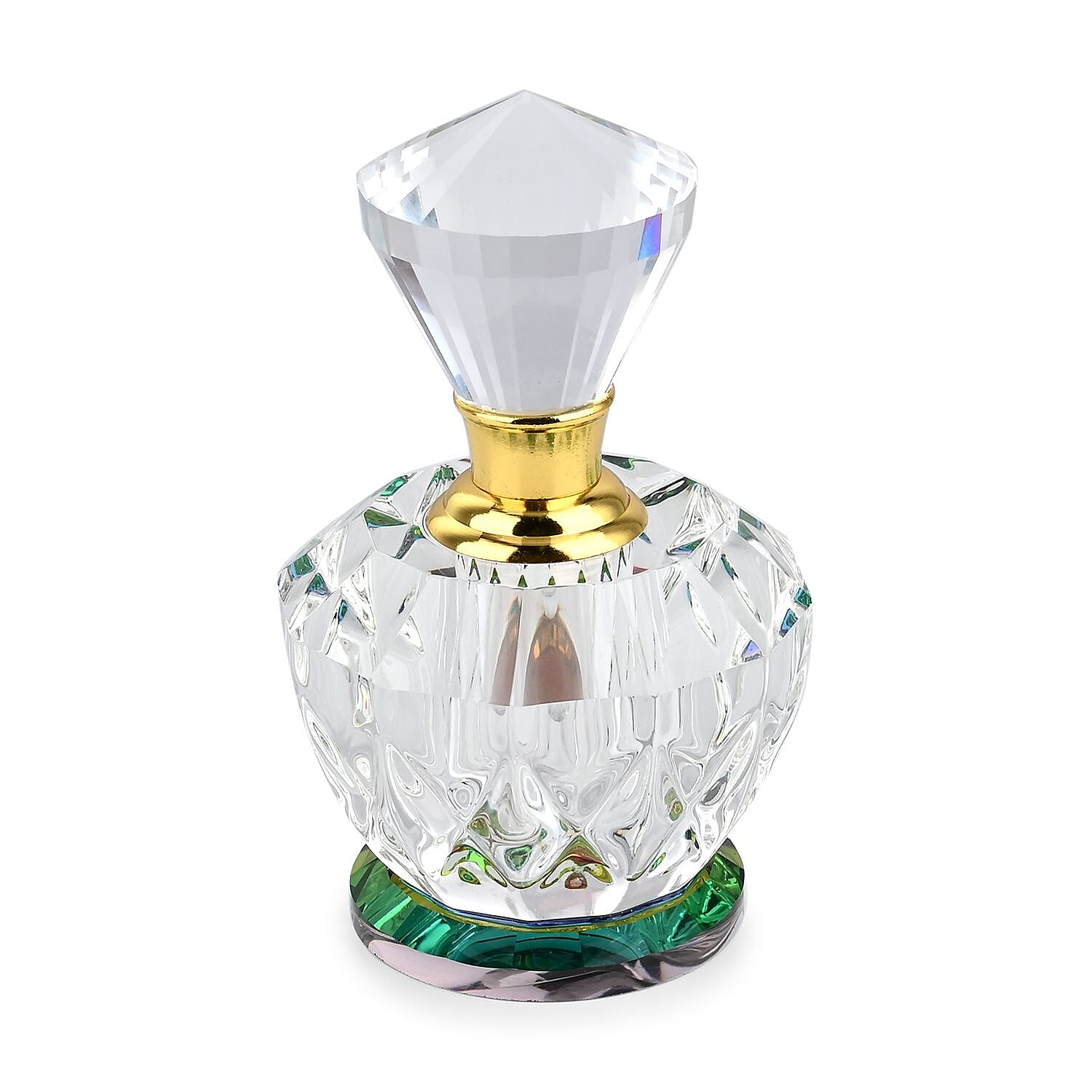 Round Shape Carved Crystal Refillable Bottle with Colourful Base (Size 10.50 cm)