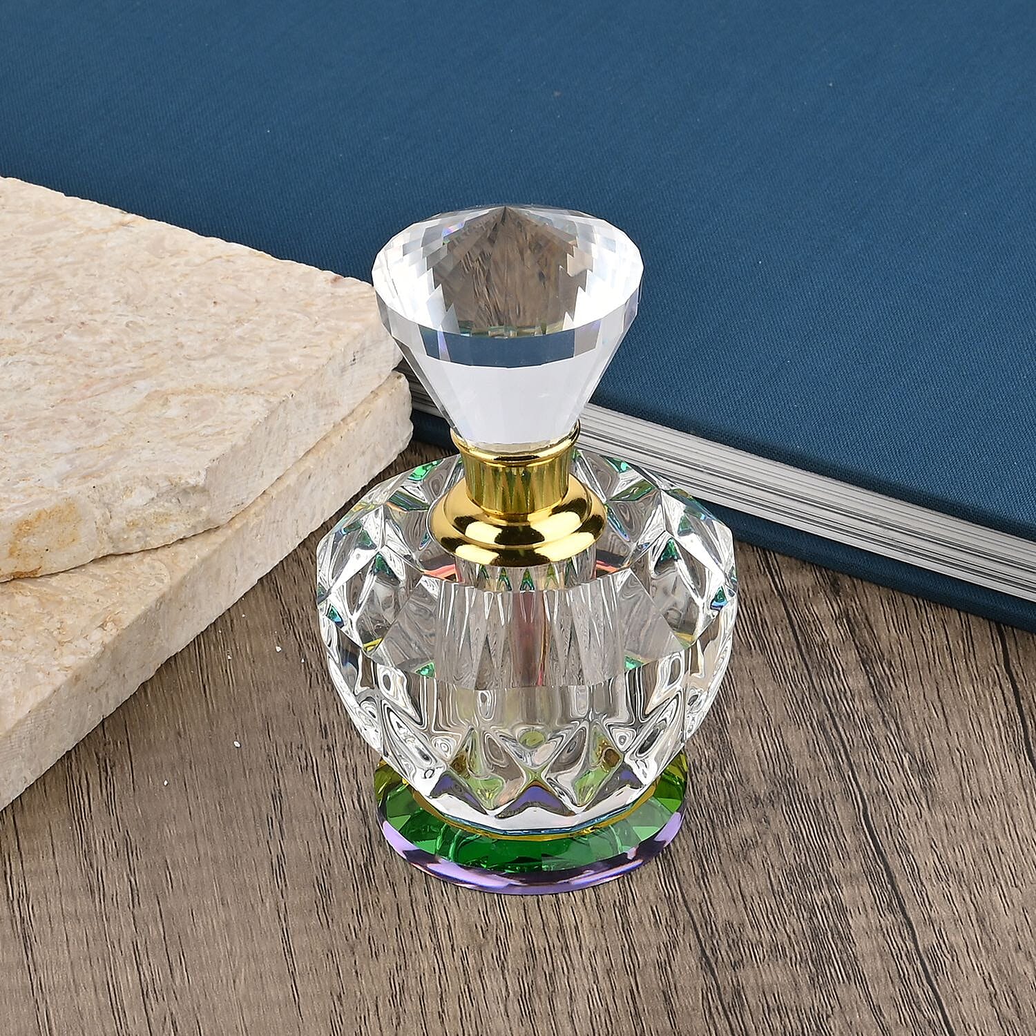 Round Shape Carved Crystal Refillable Bottle with Colourful Base (Size 10.50 cm)