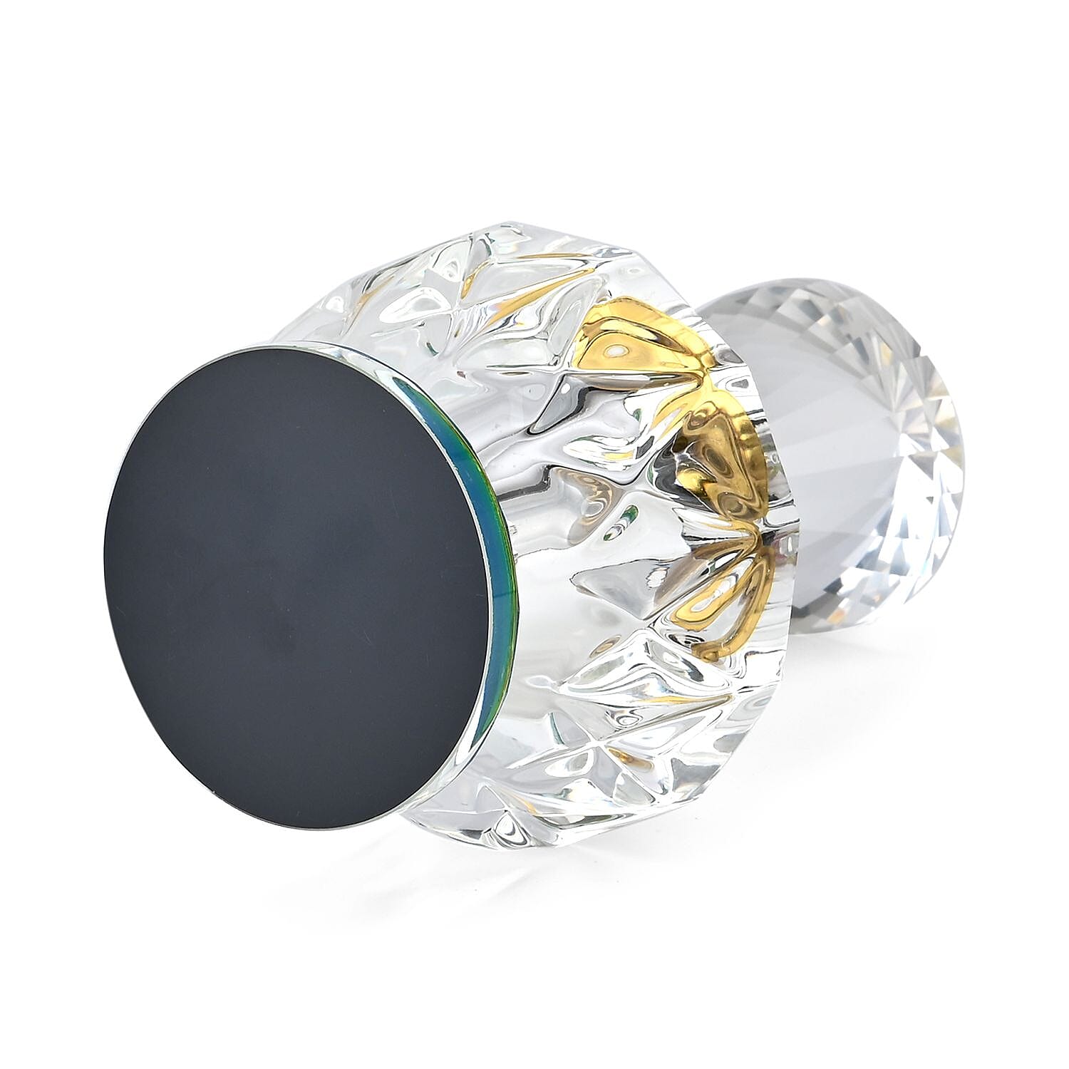 Round Shape Carved Crystal Refillable Bottle with Colourful Base (Size 10.50 cm)