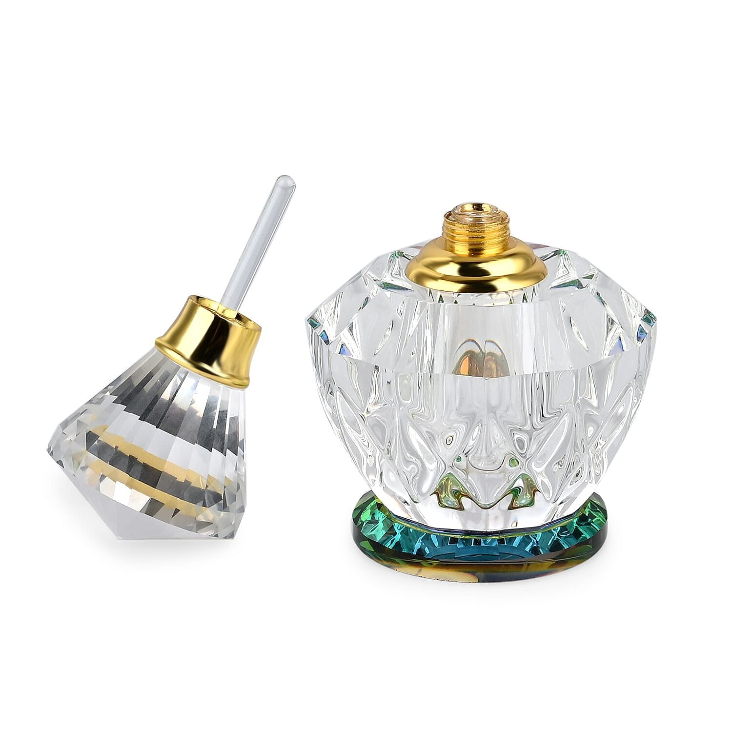 Round Shape Carved Crystal Refillable Bottle with Colourful Base (Size 10.50 cm)