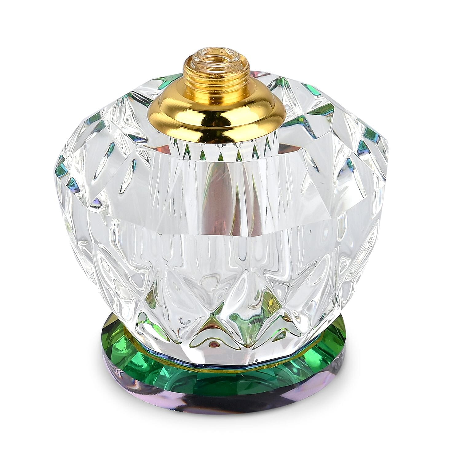 Round Shape Carved Crystal Refillable Bottle with Colourful Base (Size 10.50 cm)