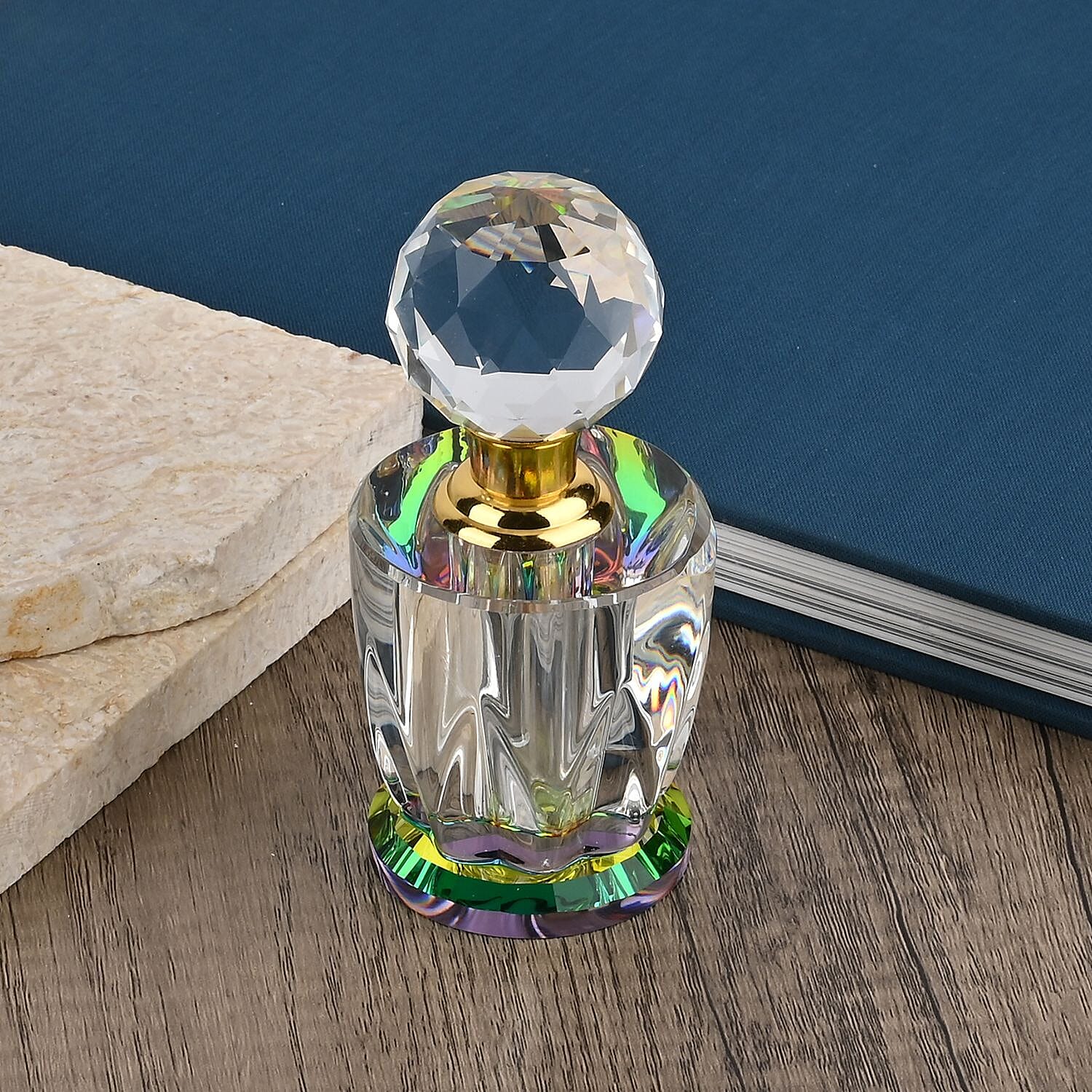 Oval Shape Carved Crystal Refillable Bottle with Colourful Base (Size 10.50 cm)
