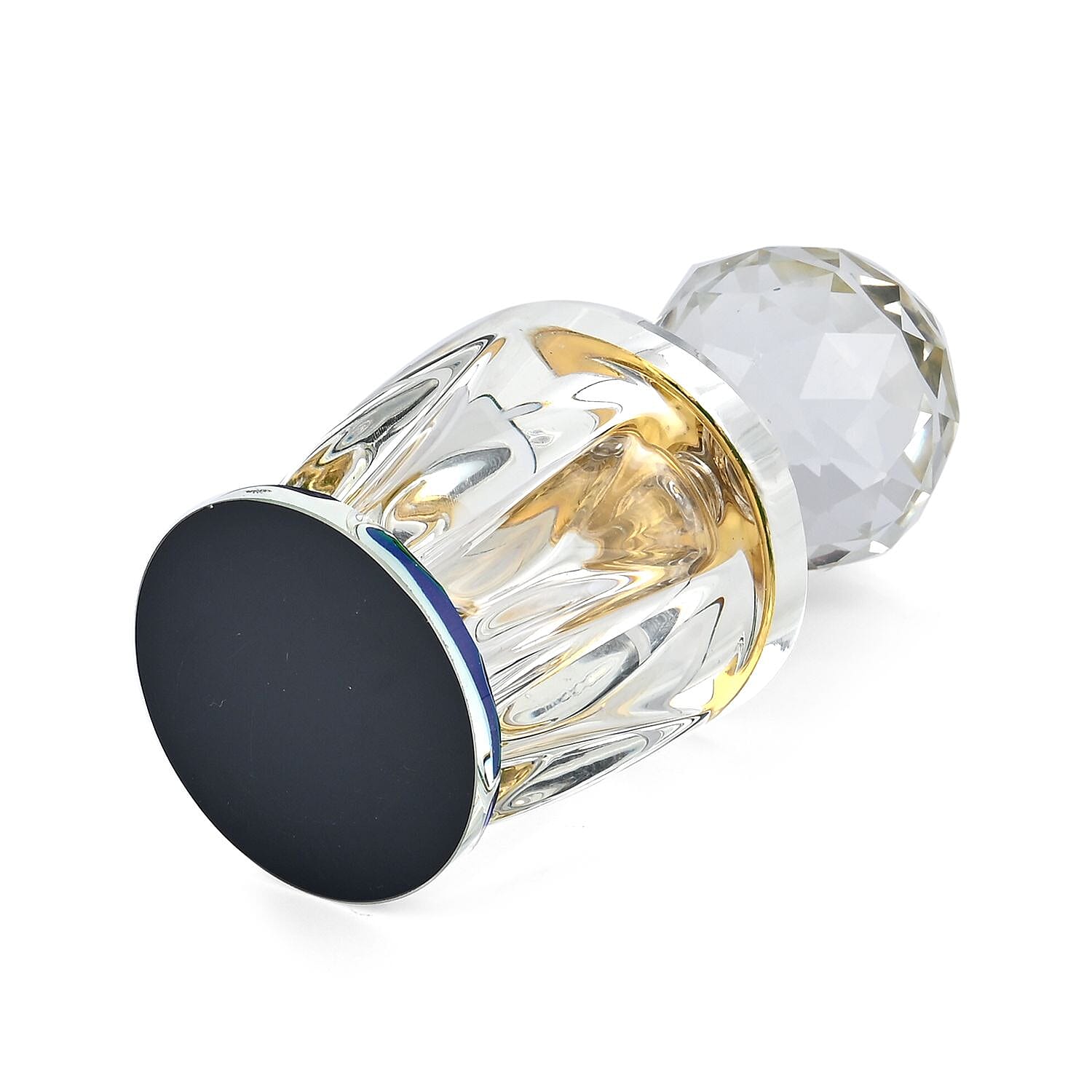 Oval Shape Carved Crystal Refillable Bottle with Colourful Base (Size 10.50 cm)