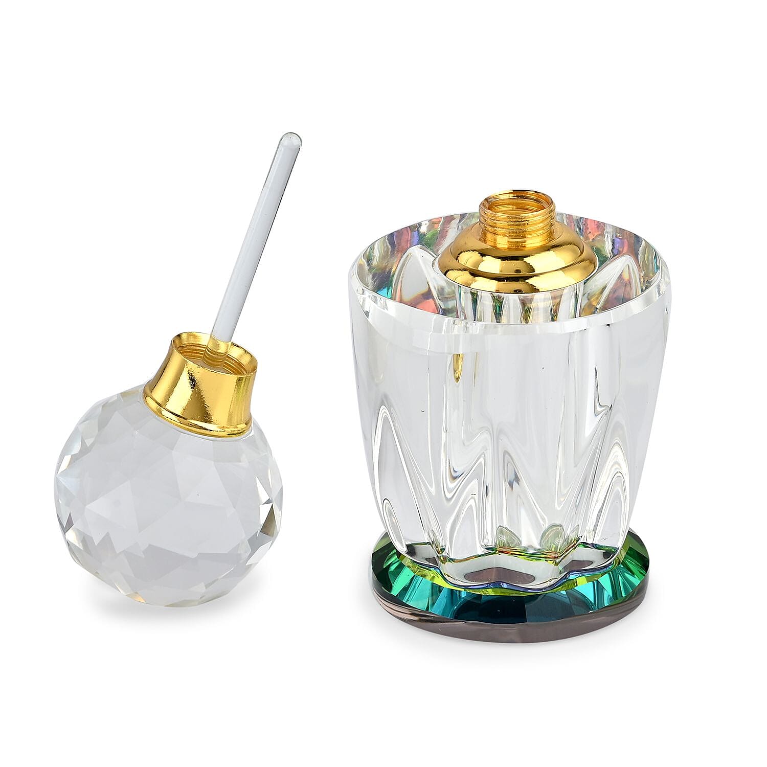 Oval Shape Carved Crystal Refillable Bottle with Colourful Base (Size 10.50 cm)