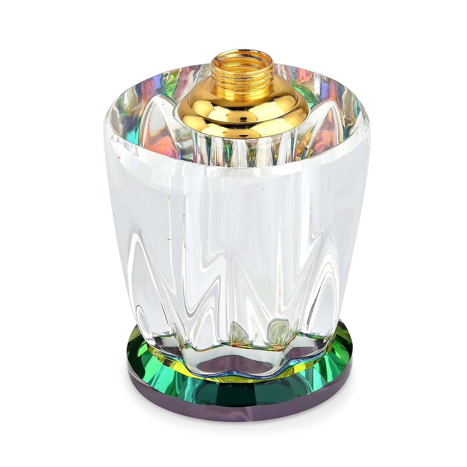 Oval Shape Carved Crystal Refillable Bottle with Colourful Base (Size 10.50 cm)