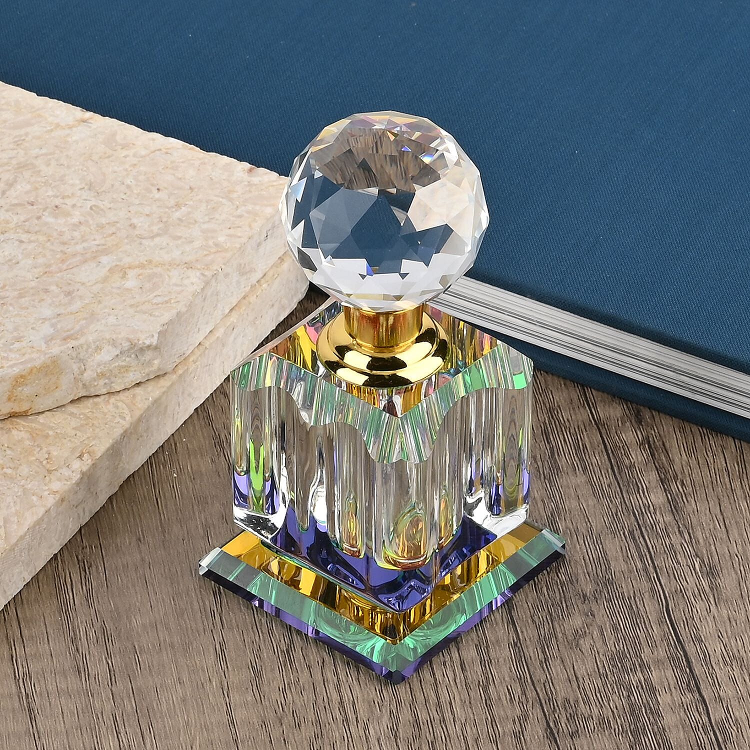 Octagon Shape Carved Crystal Refillable Bottle with Colourful Base (Size 10.50 cm)