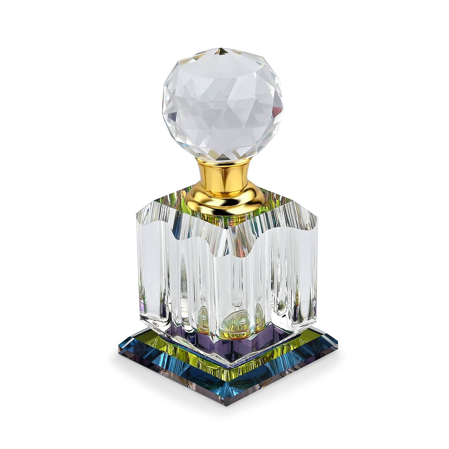 Octagon Shape Carved Crystal Refillable Bottle with Colourful Base (Size 10.50 cm)