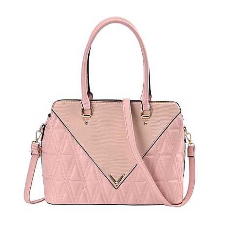 Quilted Triangle Pattern Leatherette Crossbody Bag With Detachable Shoulder Strap & Handle Drop - Pink