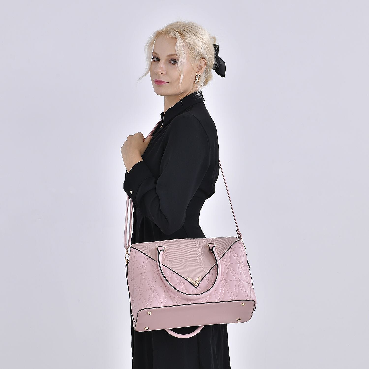 Quilted Triangle Pattern Leatherette Crossbody Bag With Detachable Shoulder Strap & Handle Drop - Pink