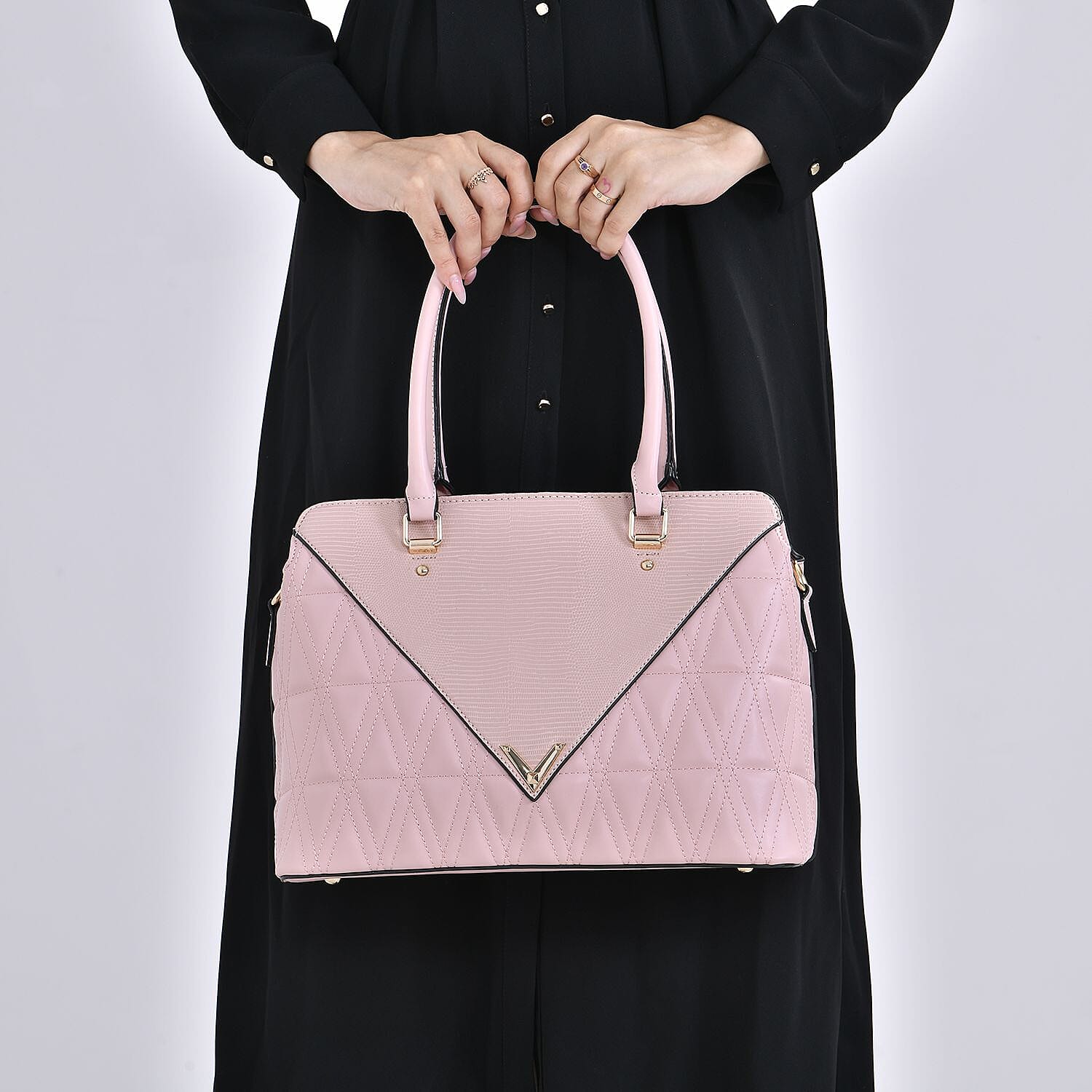 Quilted Triangle Pattern Leatherette Crossbody Bag With Detachable Shoulder Strap & Handle Drop - Pink