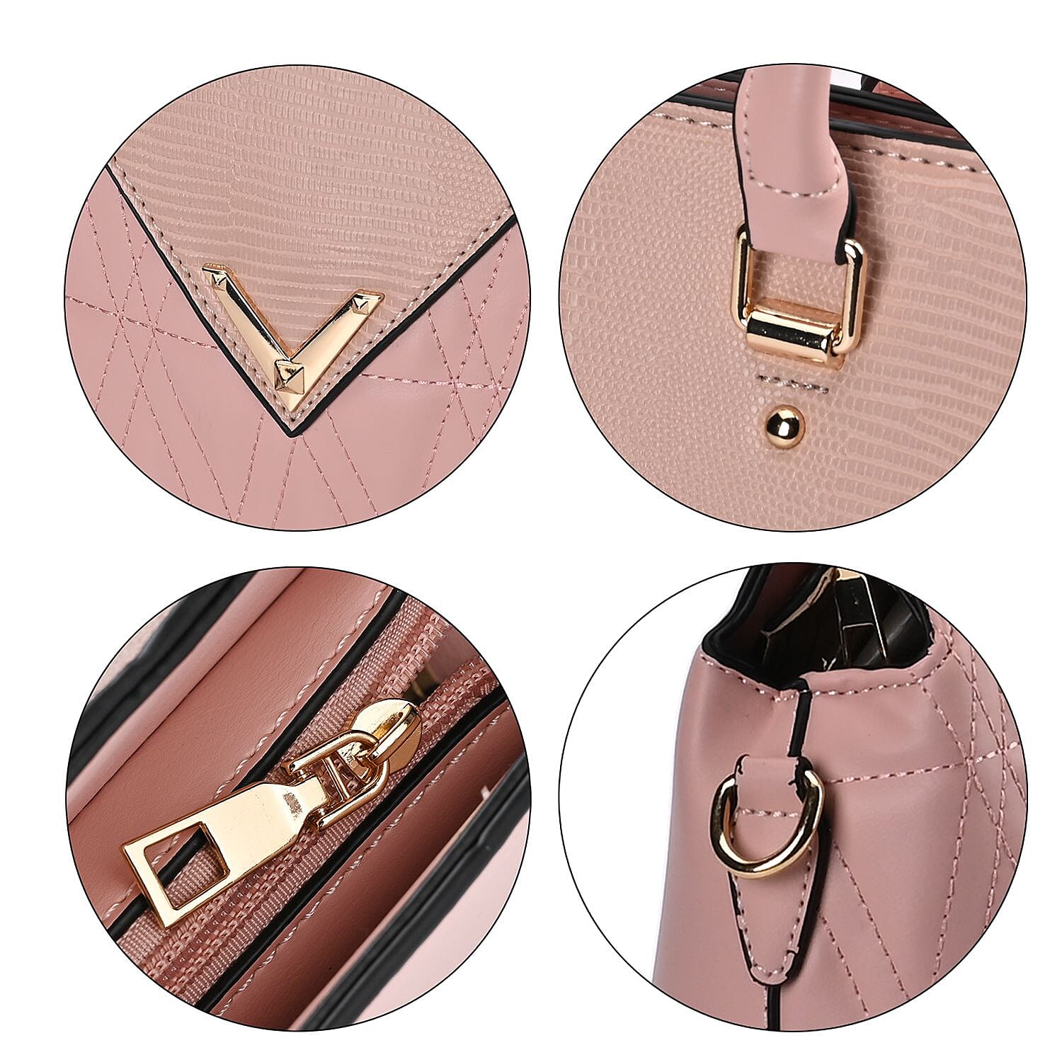 Quilted Triangle Pattern Leatherette Crossbody Bag With Detachable Shoulder Strap - Handle Drop - Pink