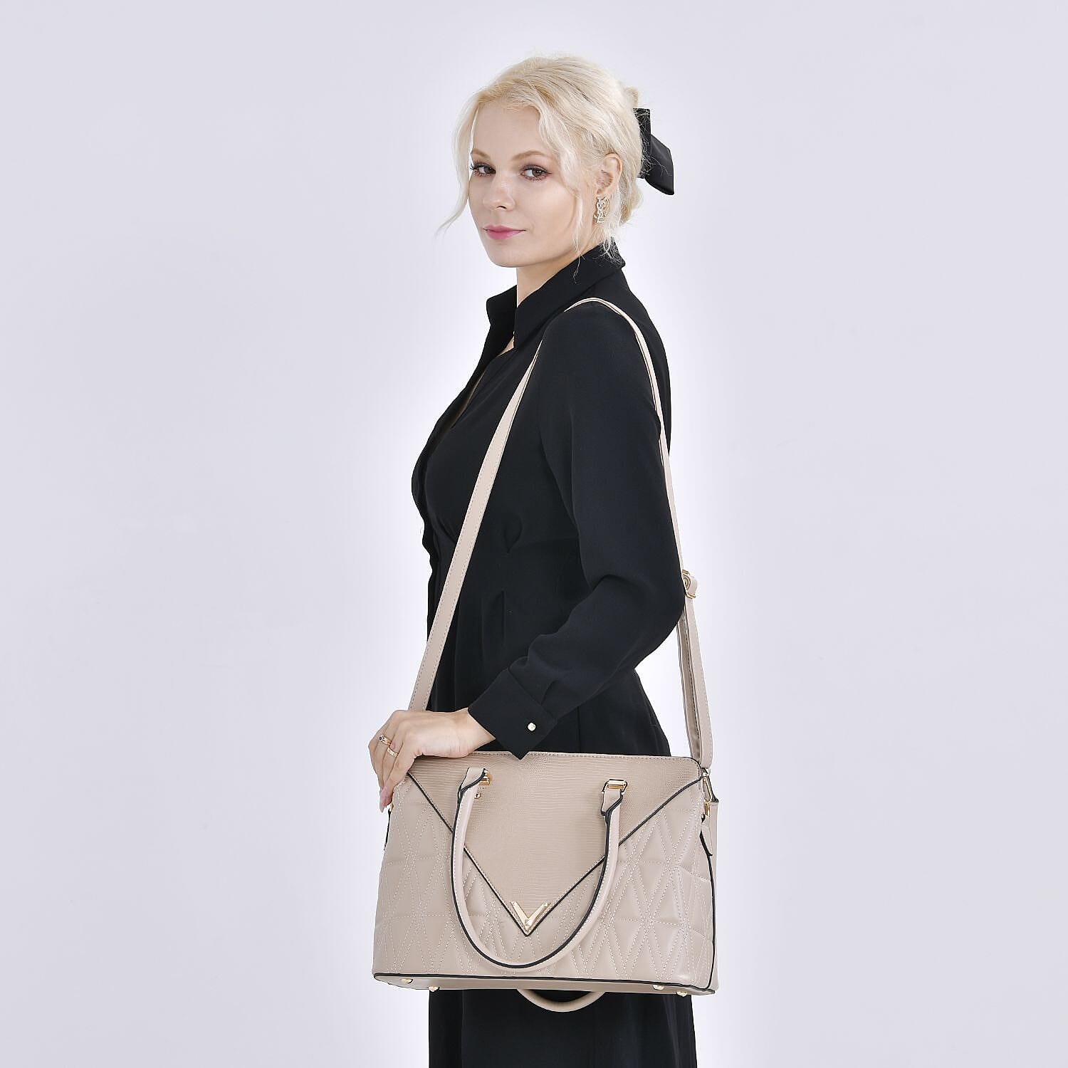 Quilted Triangle Pattern Leatherette Crossbody Bag With Detachable Shoulder Strap - Handle Drop - Beige