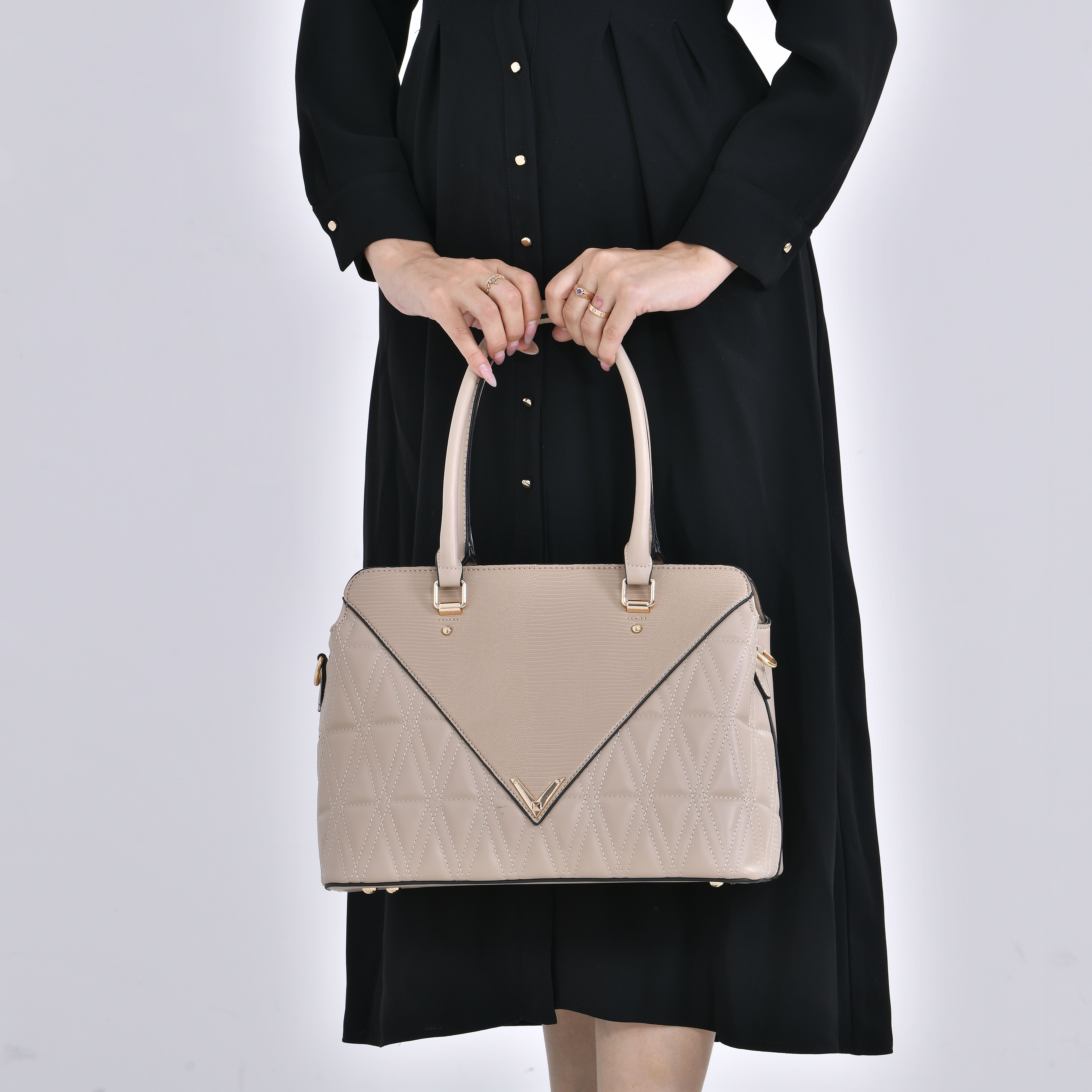 Quilted Triangle Pattern Leatherette Crossbody Bag With Detachable Shoulder Strap - Handle Drop - Beige