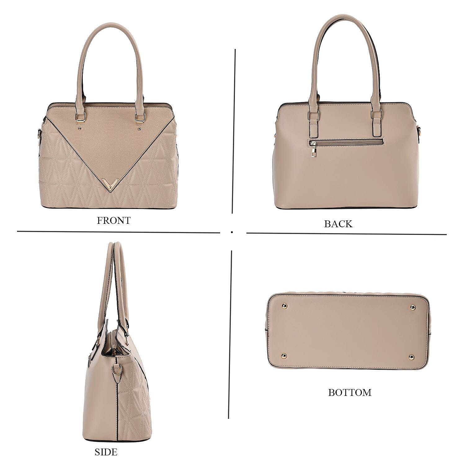 Quilted Triangle Pattern Leatherette Crossbody Bag With Detachable Shoulder Strap - Handle Drop - Beige