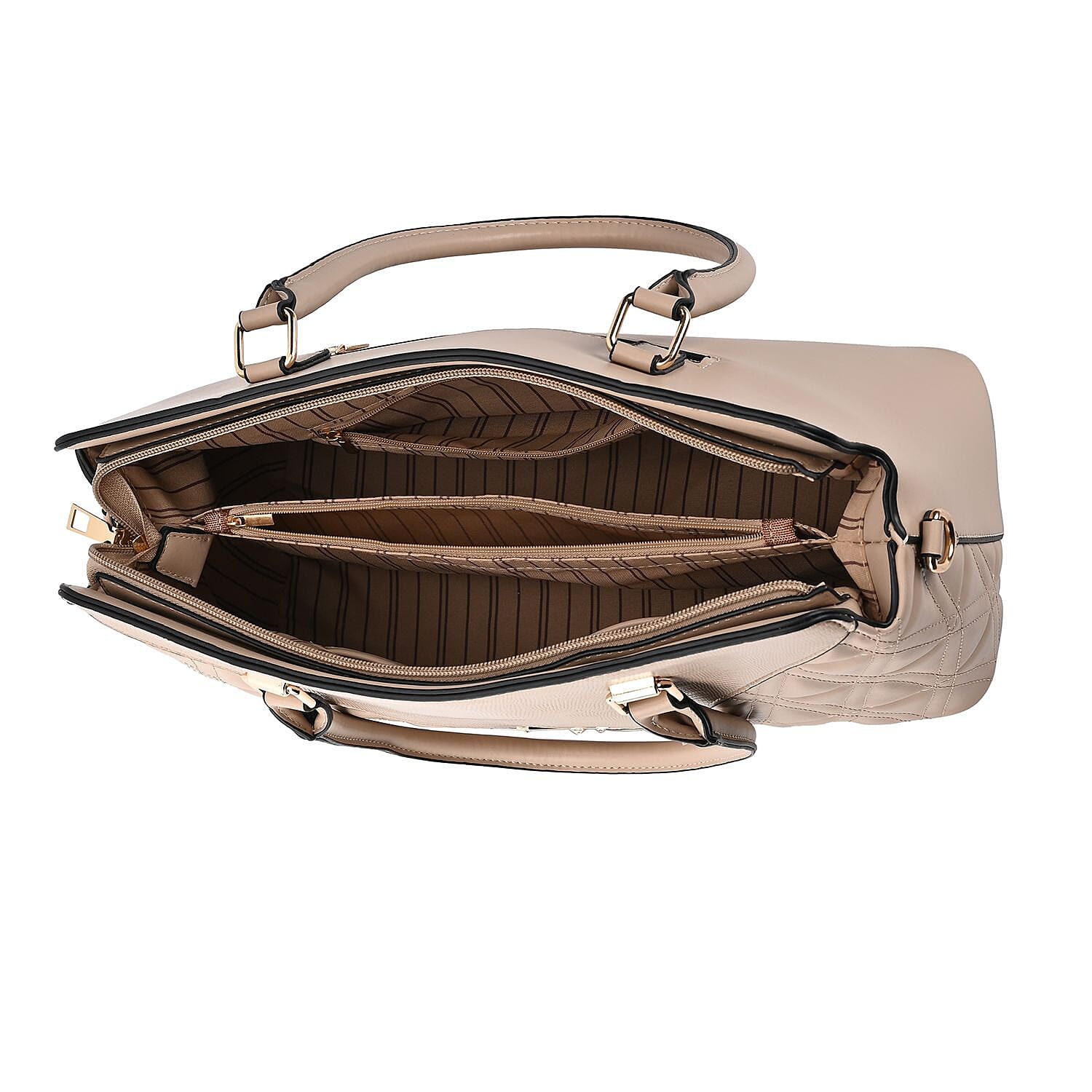 Quilted Triangle Pattern Leatherette Crossbody Bag With Detachable Shoulder Strap - Handle Drop - Beige