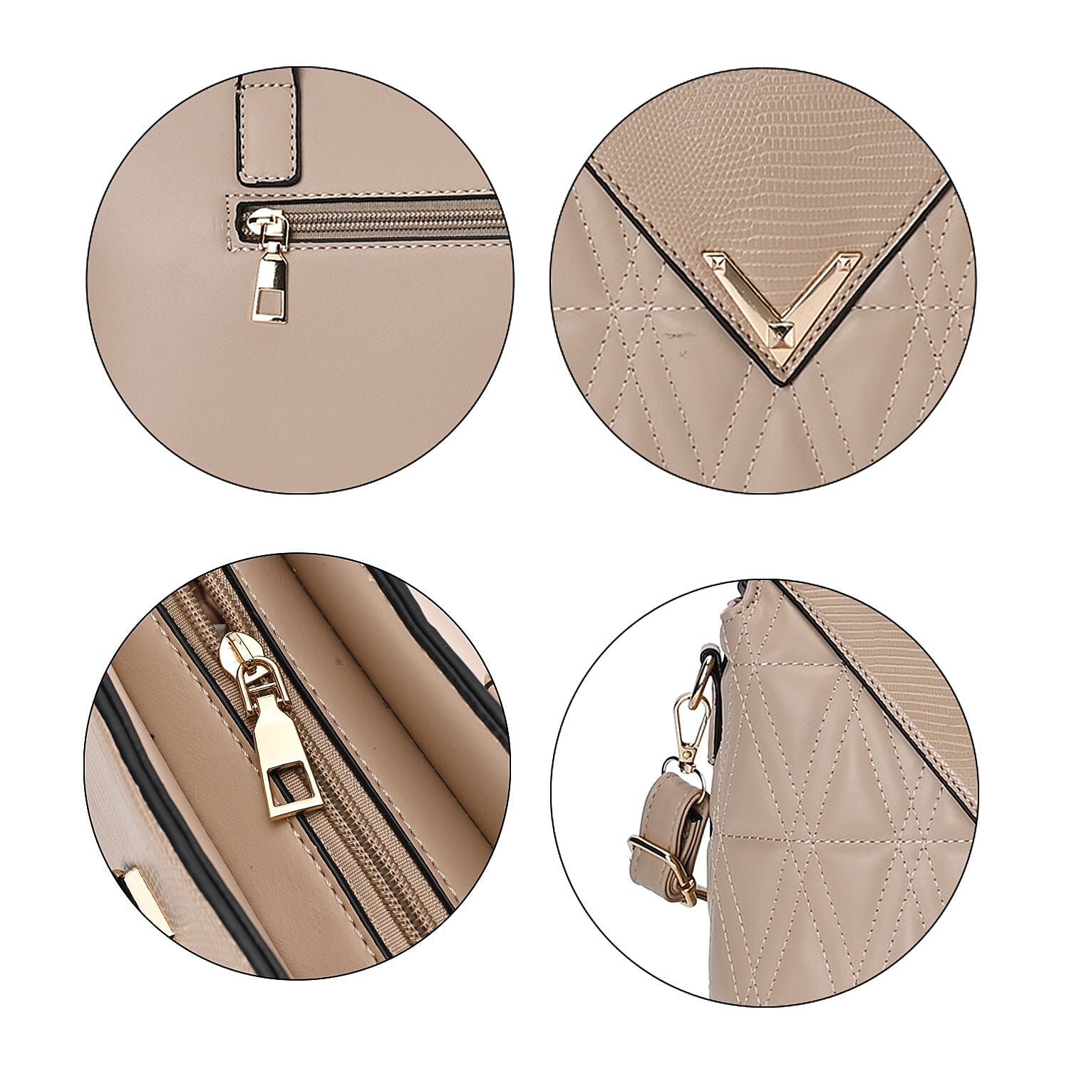 Quilted Triangle Pattern Leatherette Crossbody Bag With Detachable Shoulder Strap - Handle Drop - Beige