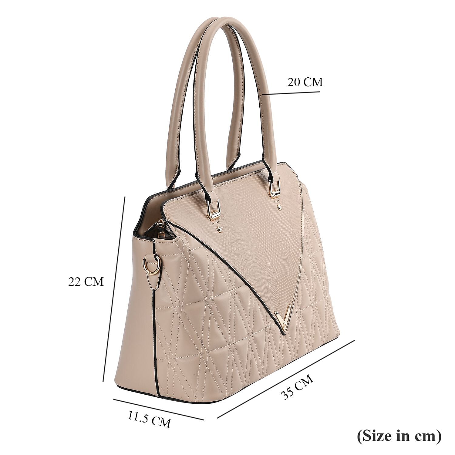 Quilted Triangle Pattern Leatherette Crossbody Bag With Detachable Shoulder Strap - Handle Drop - Beige