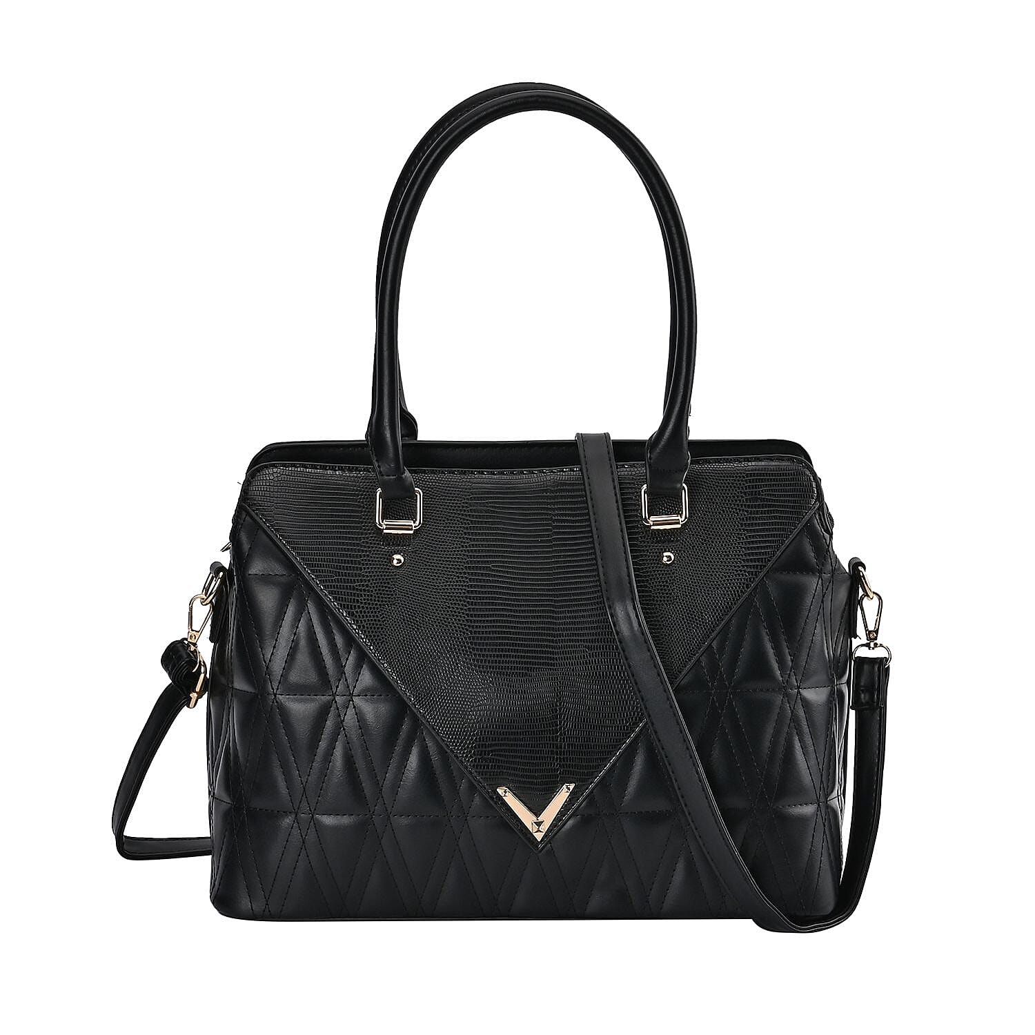 Quilted Triangle Pattern Leatherette Crossbody Bag With Detachable Shoulder Strap - Handle Drop - Black
