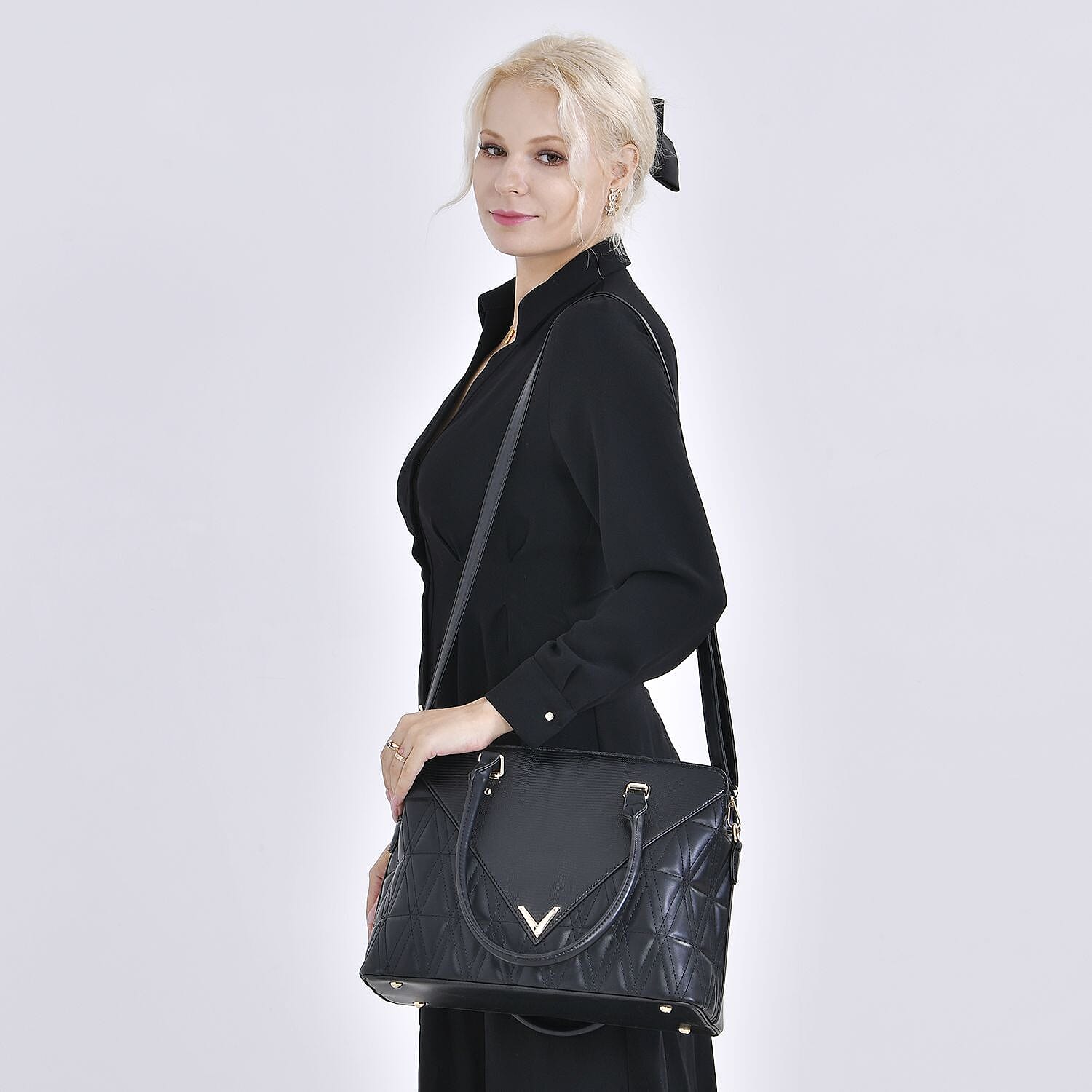 Quilted Triangle Pattern Leatherette Crossbody Bag With Detachable Shoulder Strap - Handle Drop - Black