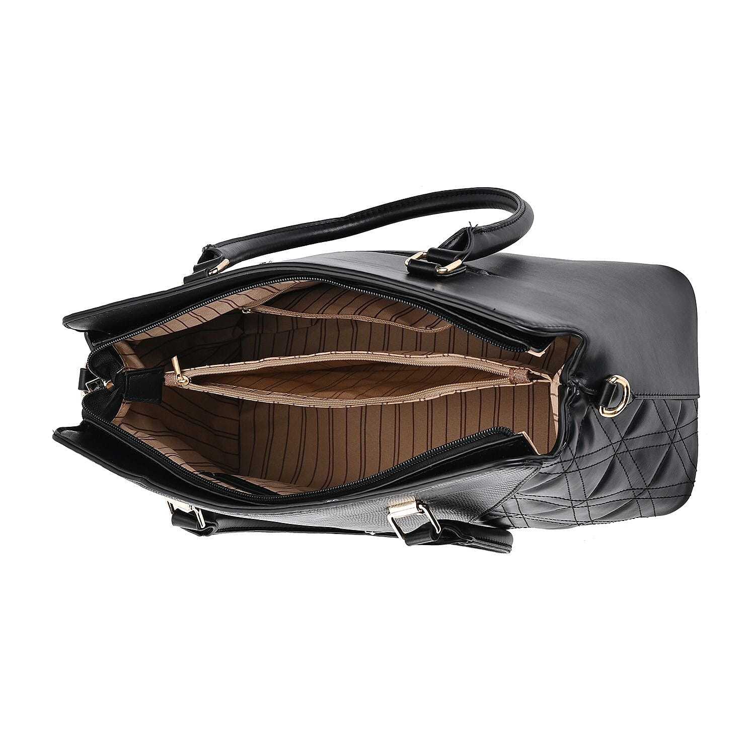 Quilted Triangle Pattern Leatherette Crossbody Bag With Detachable Shoulder Strap - Handle Drop - Black