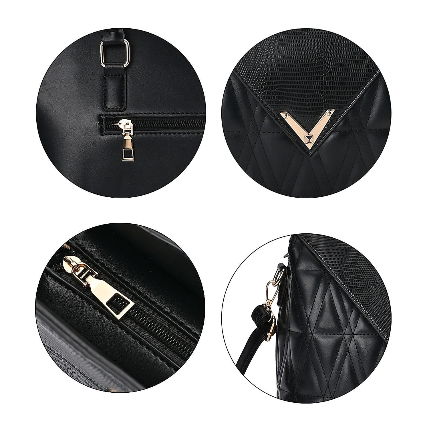 Quilted Triangle Pattern Leatherette Crossbody Bag With Detachable Shoulder Strap - Handle Drop - Black