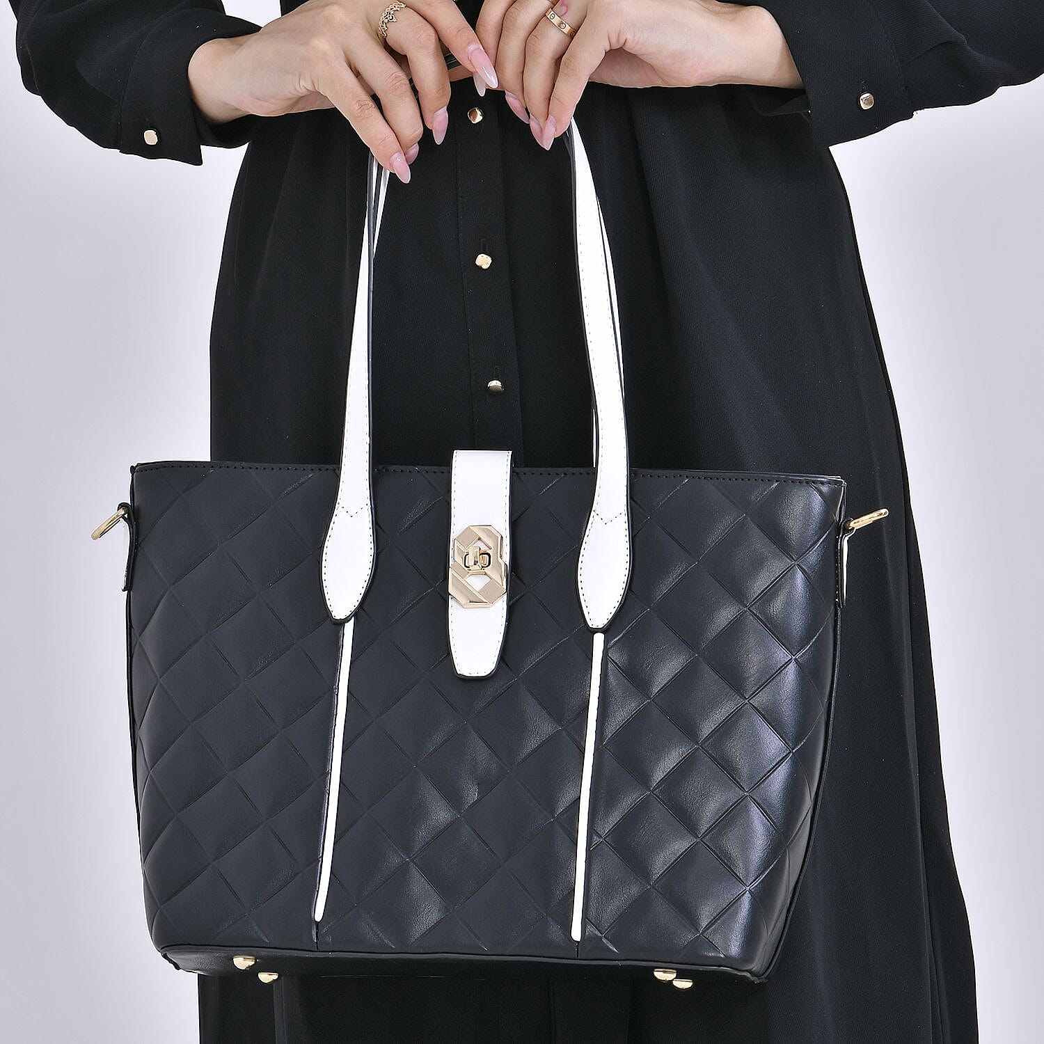 Designer Inspired Embossed Quilted Crossbody Bag with Gold Tone Hardware - Black
