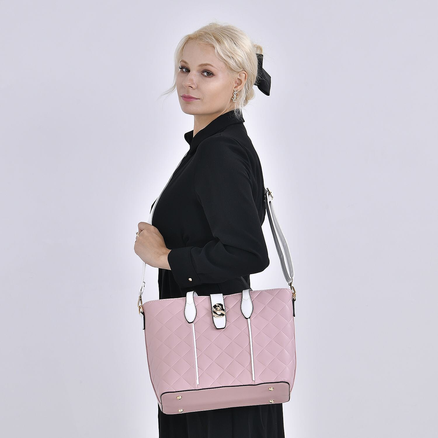 Designer Inspired Embossed Quilted Crossbody Bag with Gold Tone Hardware - Pink