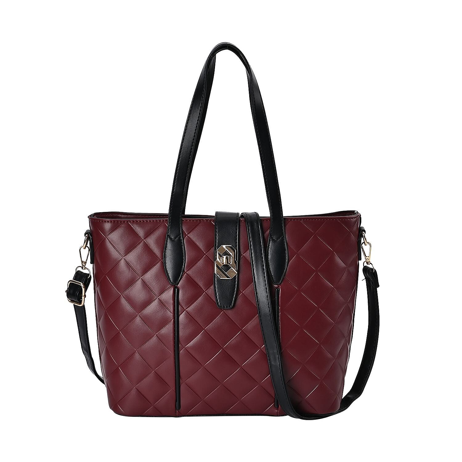Designer Inspired Embossed Quilted Crossbody Bag with Gold Tone Hardware  - Burgundy