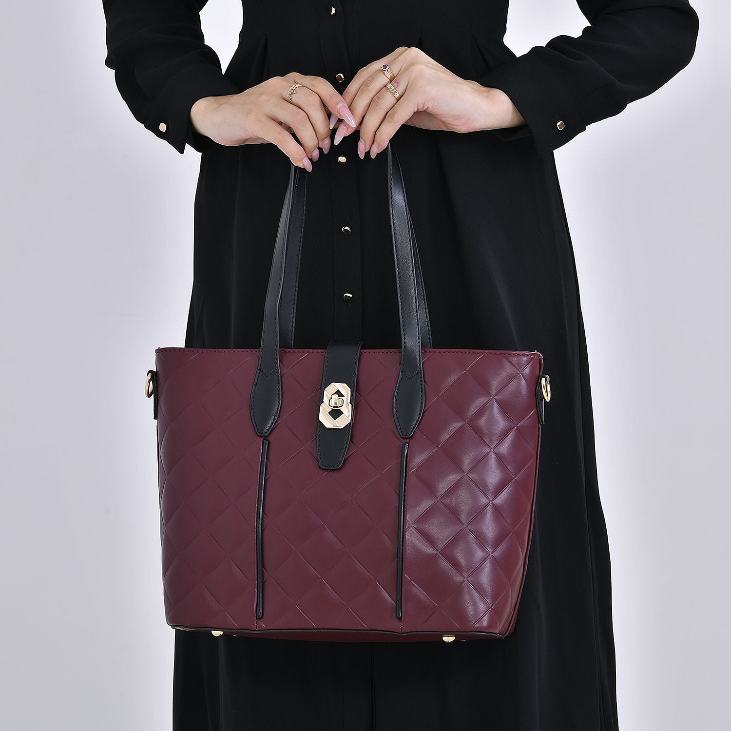 Designer Inspired Embossed Quilted Crossbody Bag with Gold Tone Hardware  - Burgundy