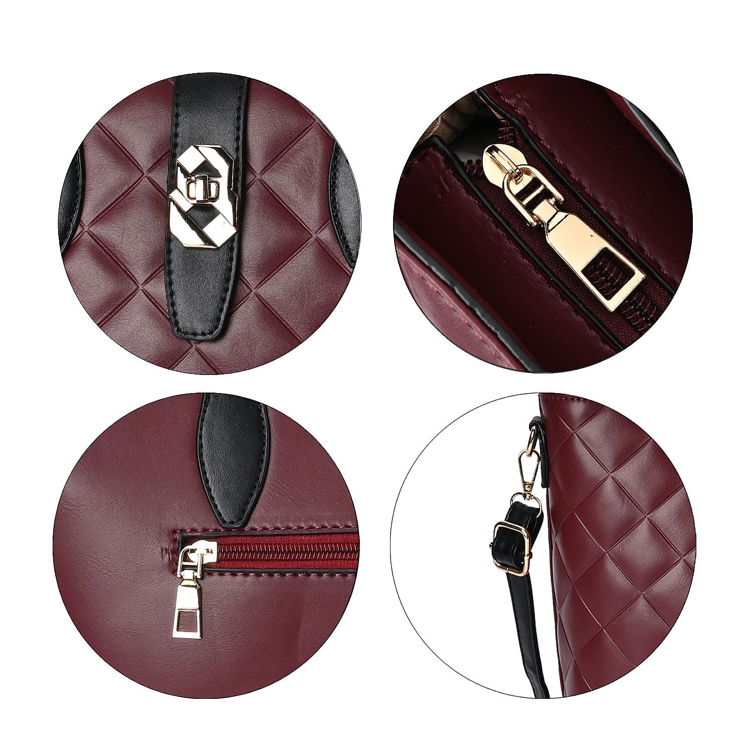 Designer Inspired Embossed Quilted Crossbody Bag with Gold Tone Hardware  - Burgundy