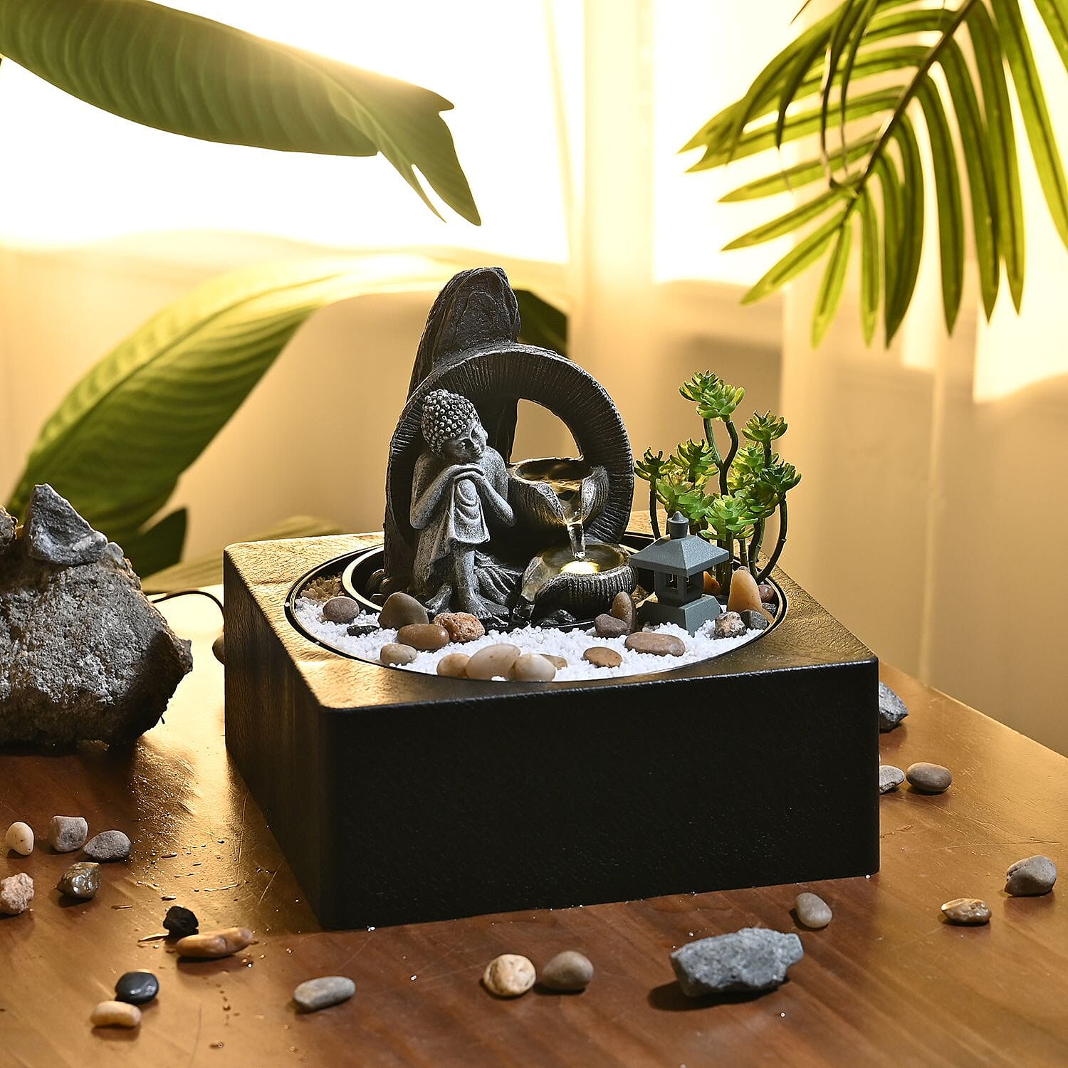 DIY - Cascading Buddha Fountain with LED Lights and USB Plug (Size 23x23x22 cm) - Grey