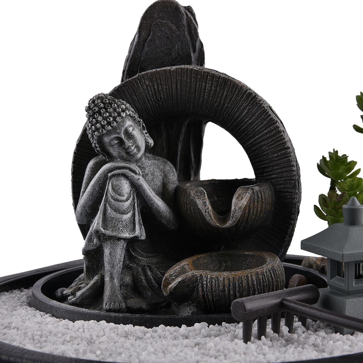 DIY - Cascading Buddha Fountain with LED Lights and USB Plug (Size 23x23x22 cm) - Grey