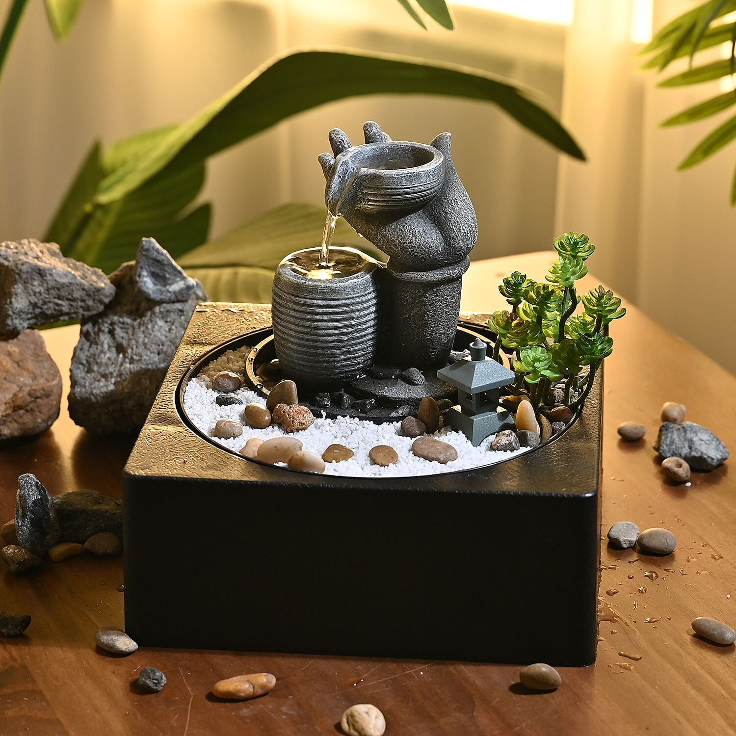 Buddha Water Fountain with LED Lights - Grey