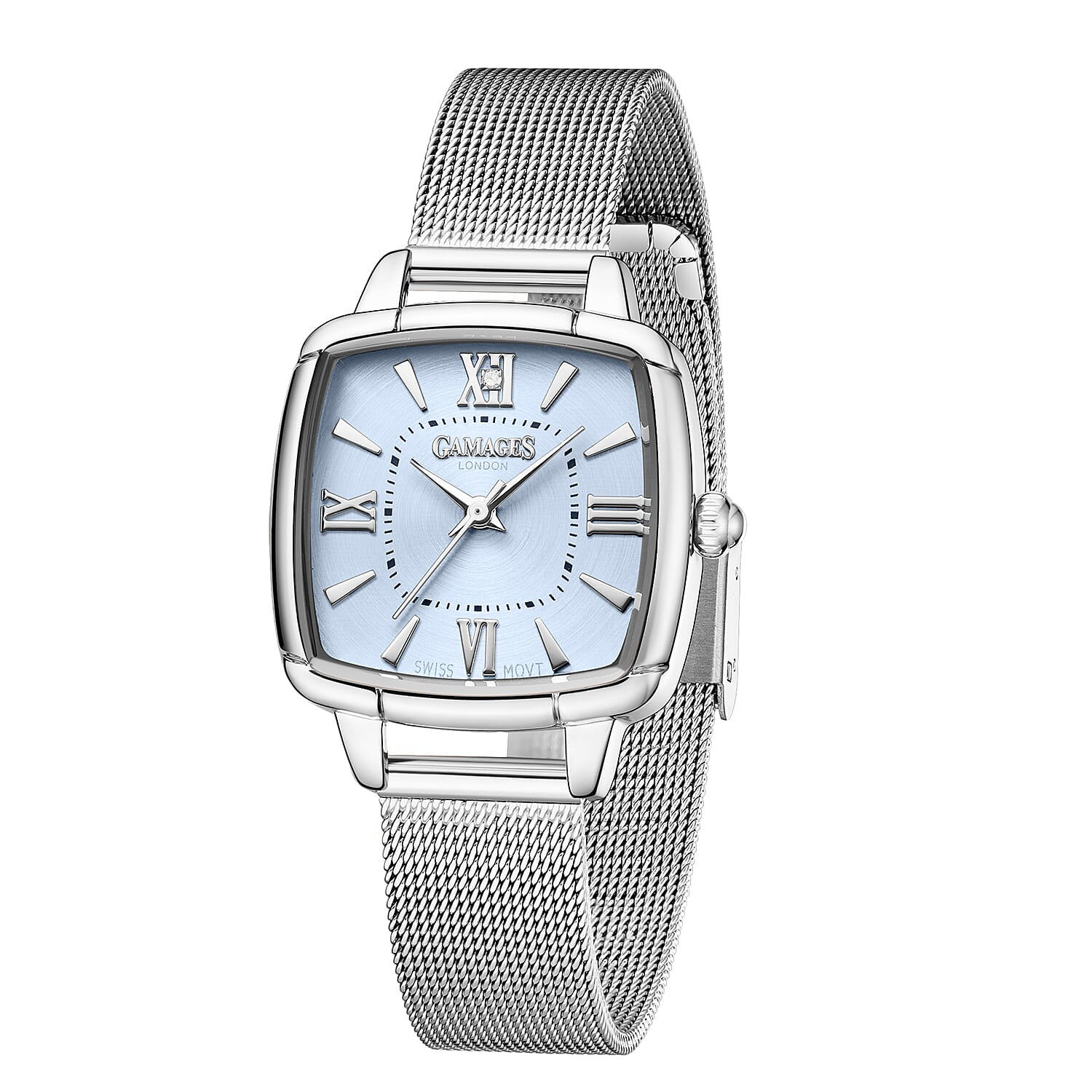 GAMAGES OF LONDON Ladies Duchess Swiss Quartz Movement Diamond Studded Light Blue Dial Water Resistant Watch with Silver Mesh Bracelet