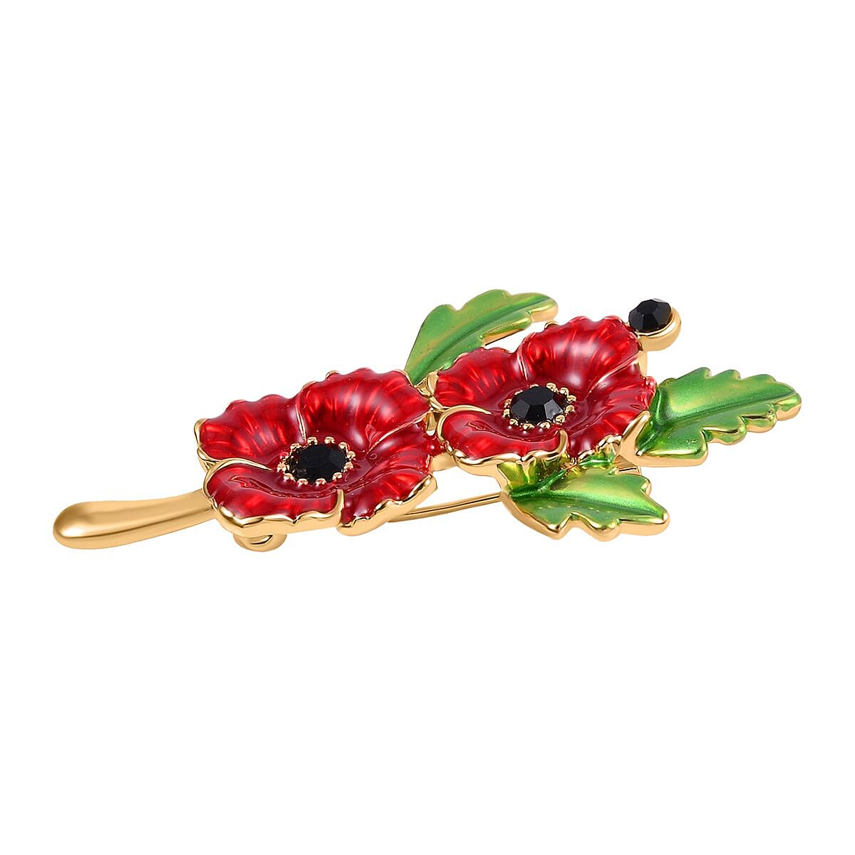 Black Crystal Poppy Rememberance Flower Brooch in Yellow Gold Tone