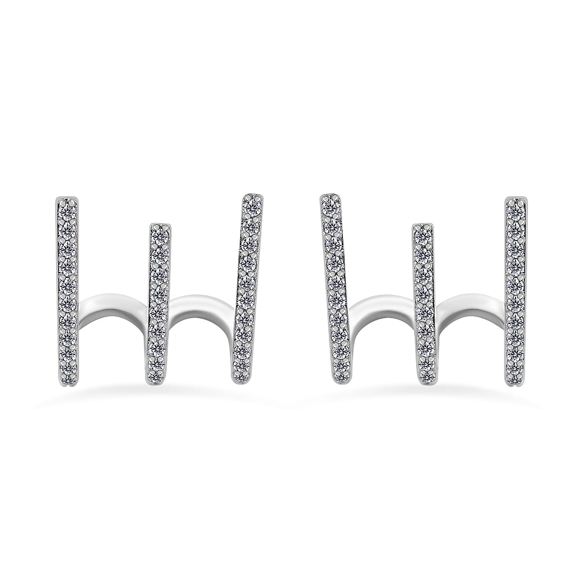 Simulate Diamod 3 Claw Cluff Earrings in Silver Tone