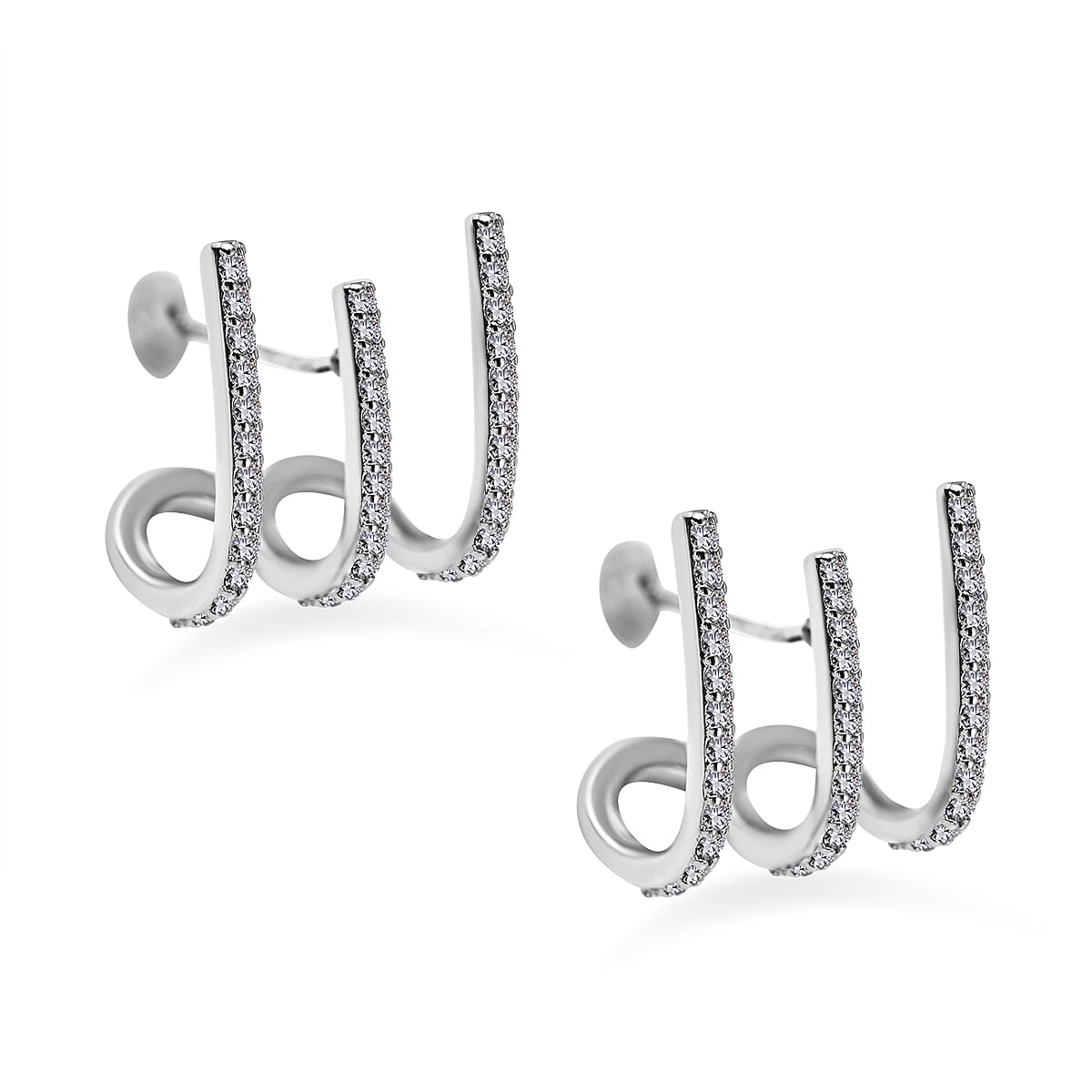 Simulate Diamod 3 Claw Cluff Earrings in Silver Tone