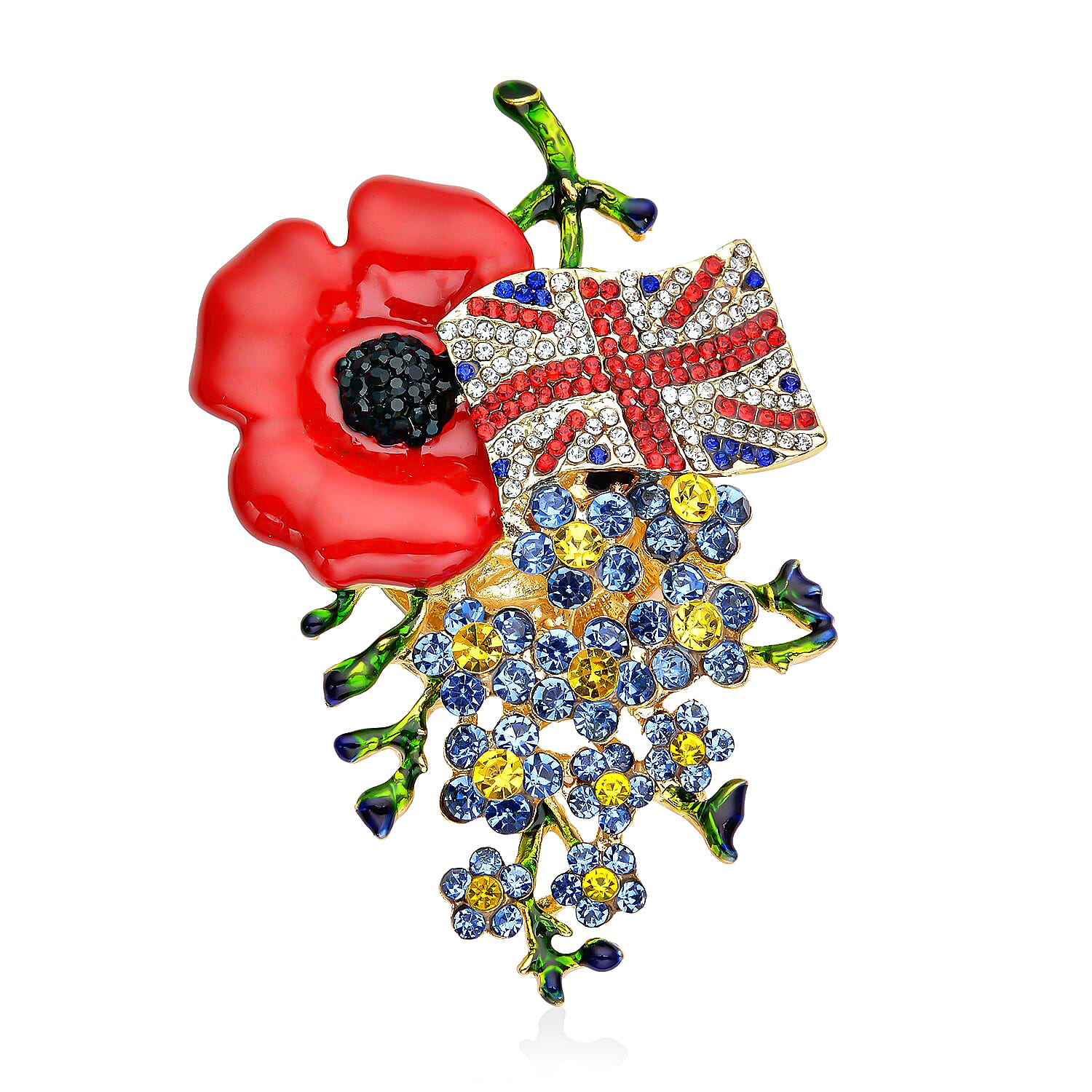 Multi Colour Austrian Crystal Enameled Poppy Design Brooch in Yellow Gold Tone