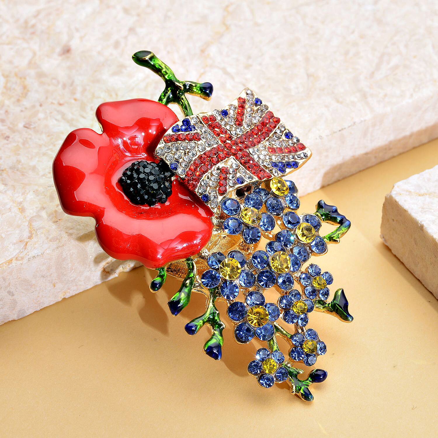 Multi Colour Austrian Crystal Enameled Poppy Design Brooch in Yellow Gold Tone