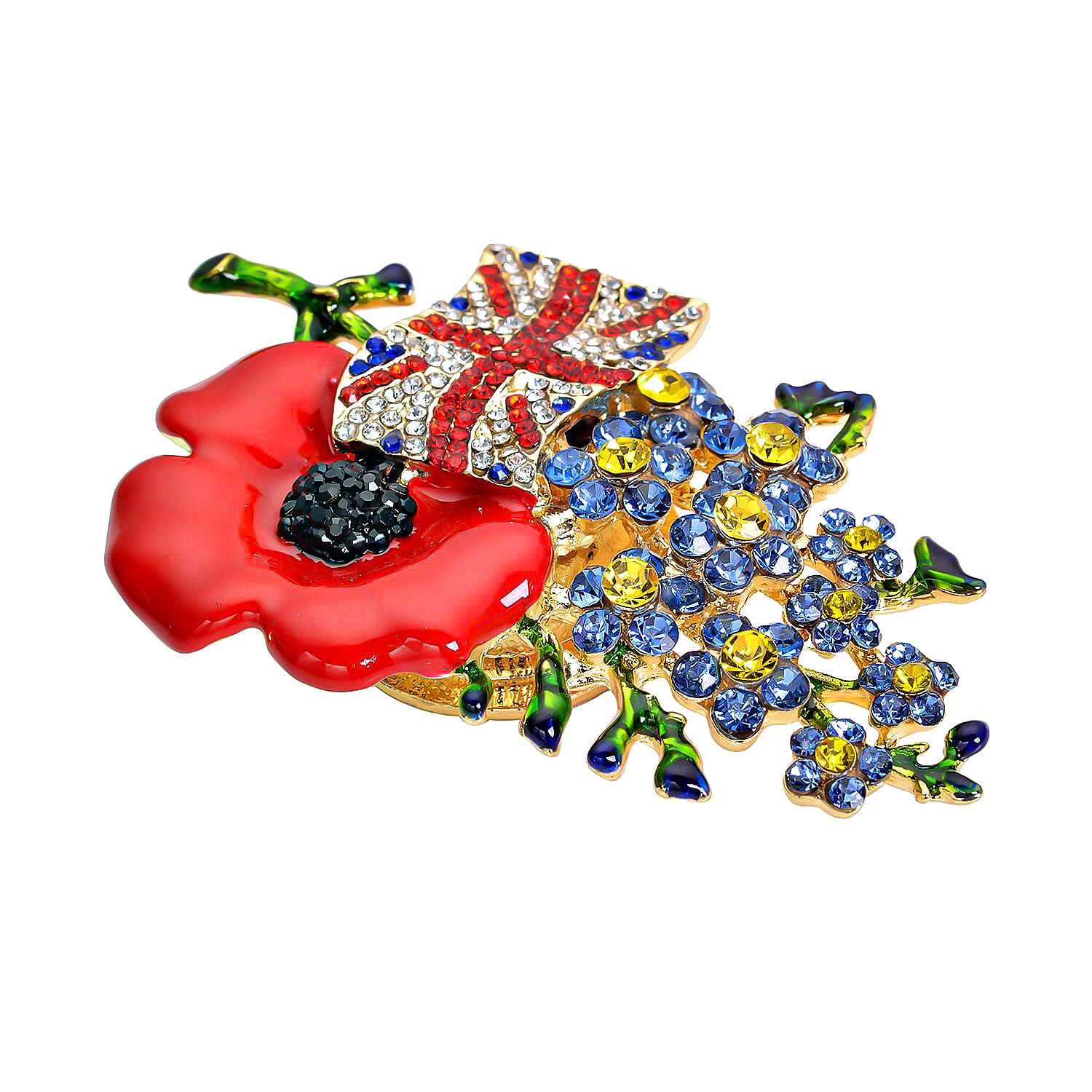 Multi Colour Austrian Crystal Enameled Poppy Design Brooch in Yellow Gold Tone