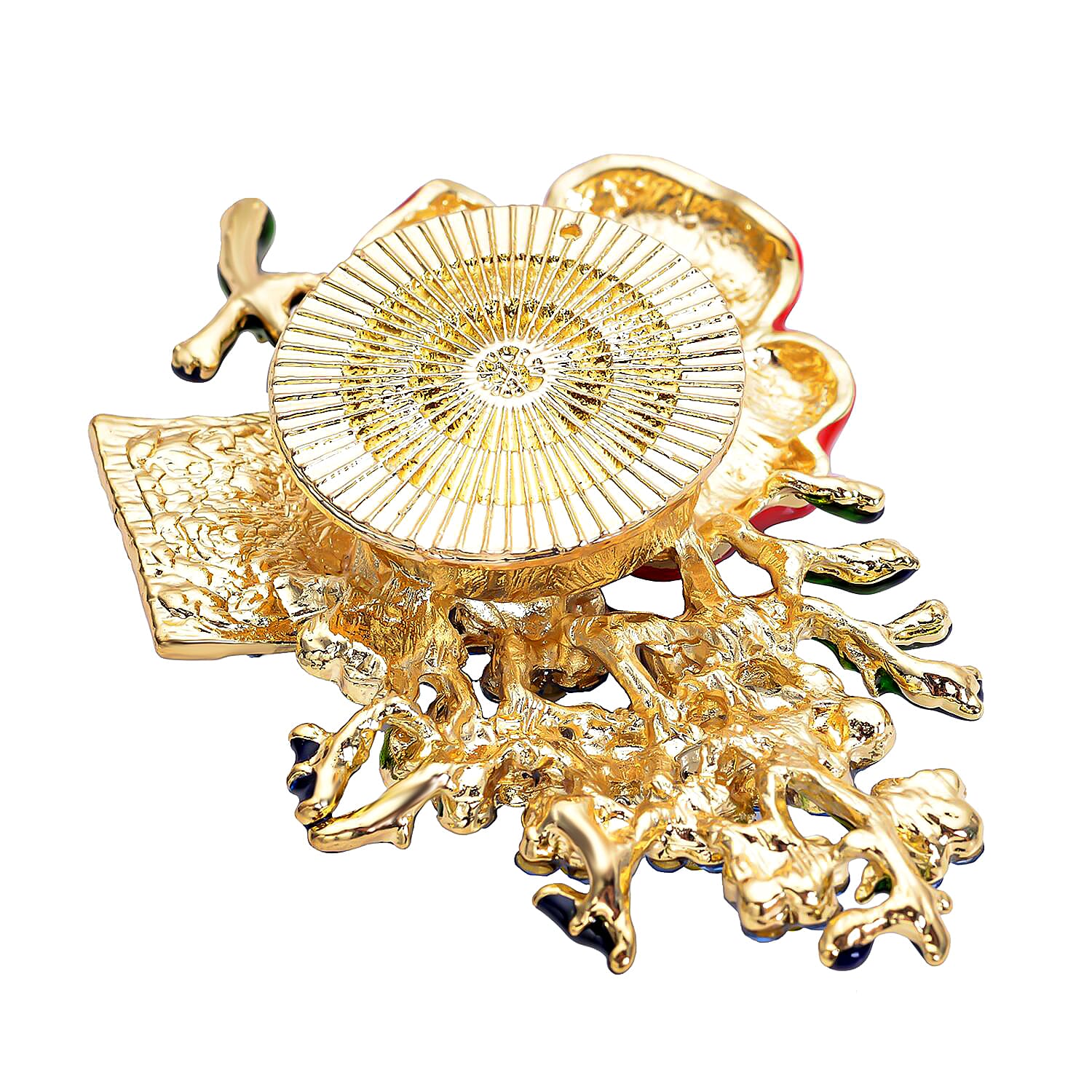 Multi Colour Austrian Crystal Enameled Poppy Design Brooch in Yellow Gold Tone