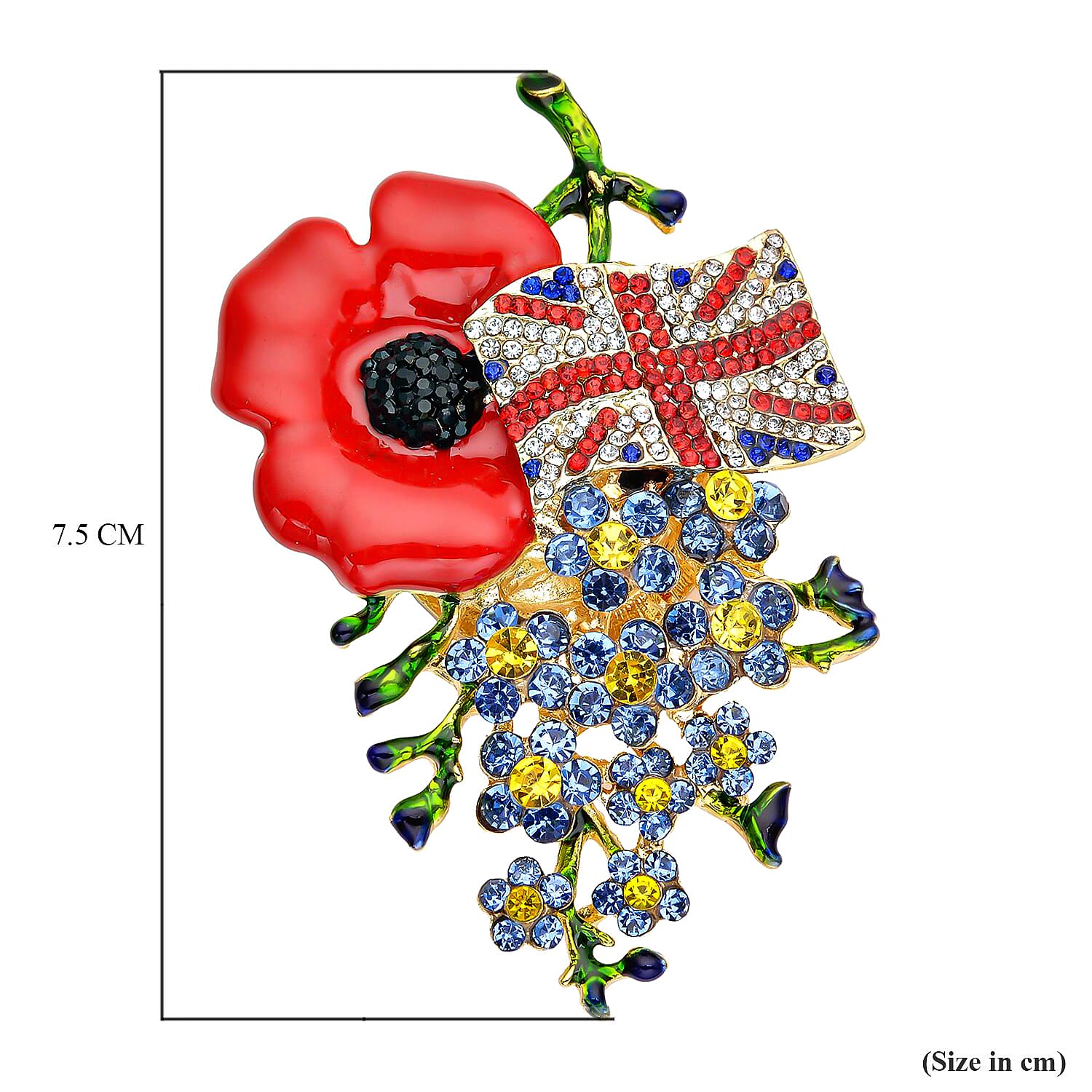 Multi Colour Austrian Crystal Enameled Poppy Design Brooch in Yellow Gold Tone