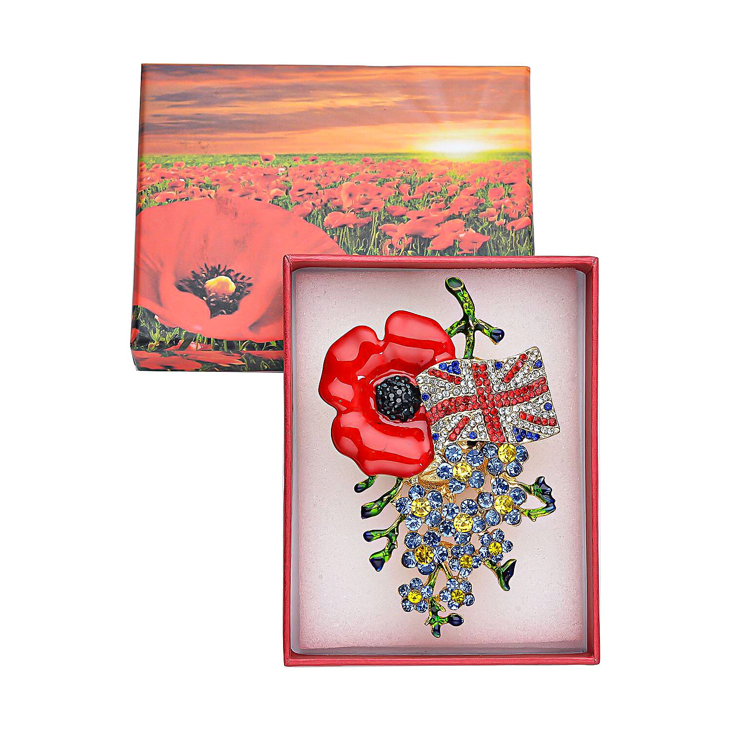 Multi Colour Austrian Crystal Enameled Poppy Design Brooch in Yellow Gold Tone